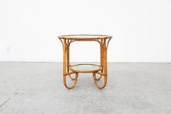 Mid-Century Albini Inspired Two Tiered Bamboo Side Table w/ Inset Textured Glass