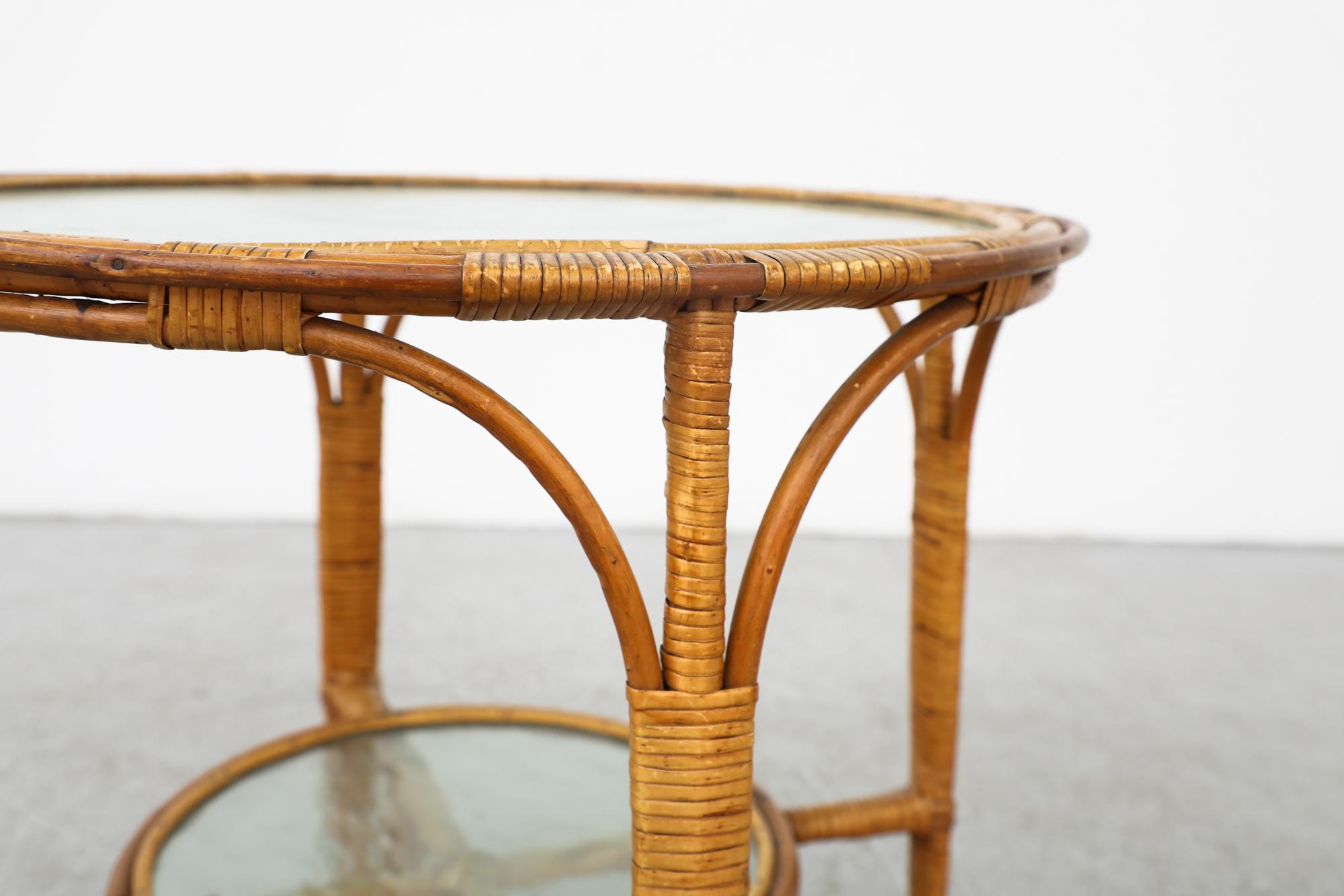 Late 20th Century Mid-Century Albini Inspired Two Tiered Bamboo Side Table w/ Inset Textured Glass