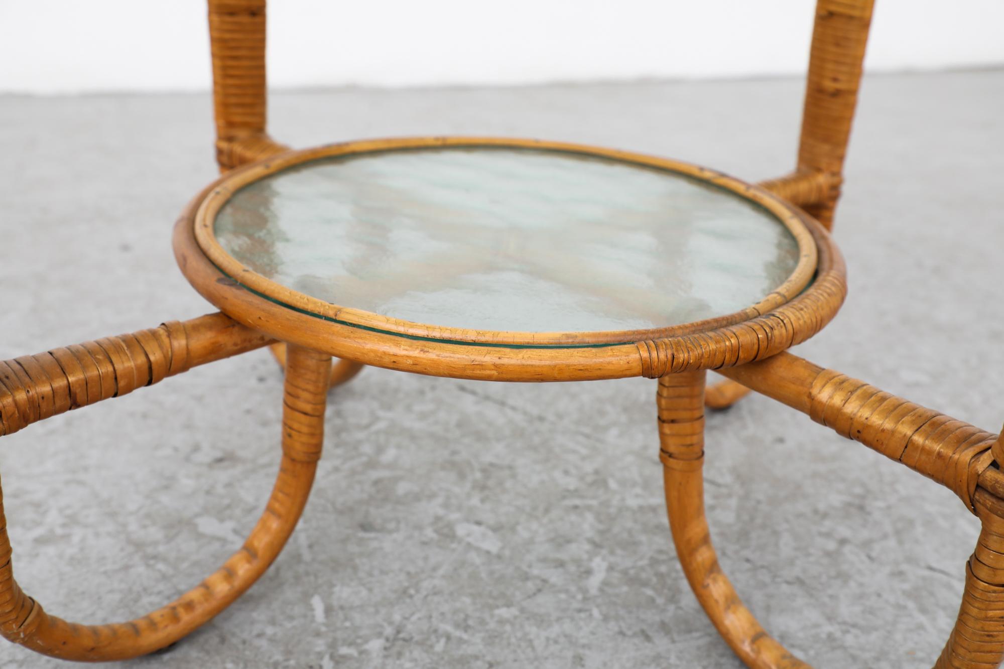 Mid-Century Albini Inspired Two Tiered Bamboo Side Table w/ Inset Textured Glass 2
