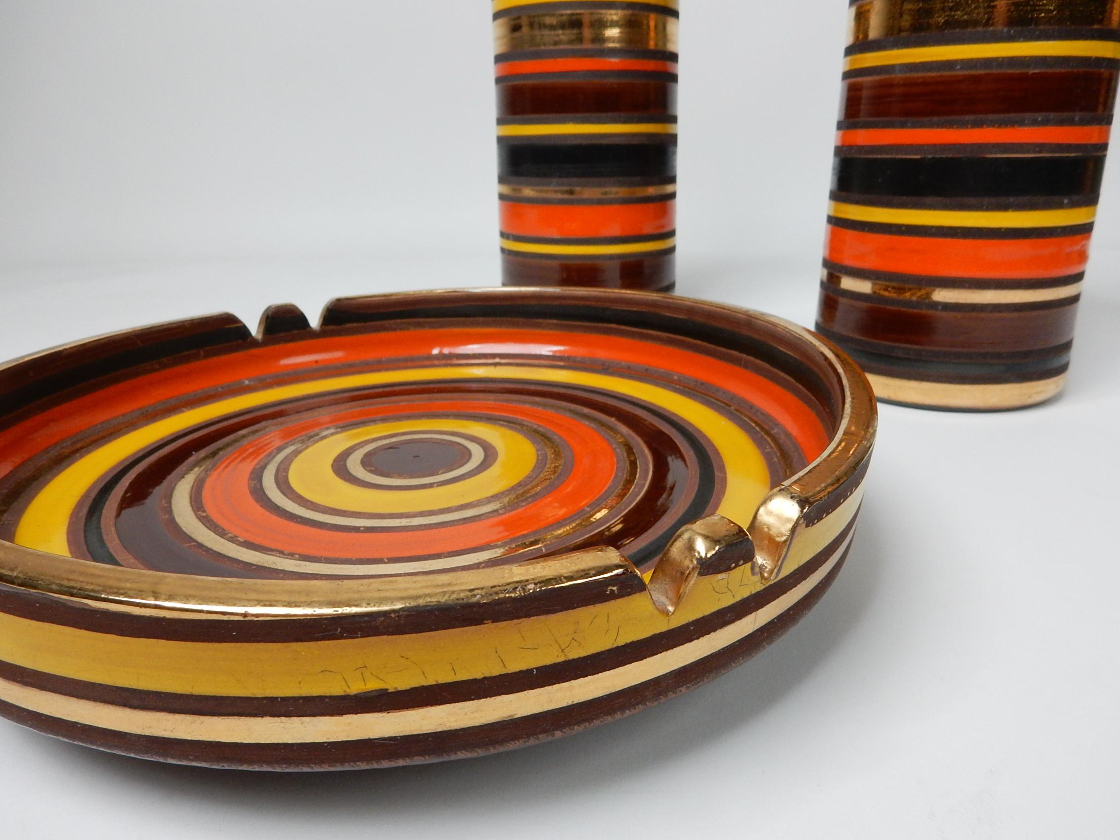 Italian Mid-Century Aldo Londi Bitossi Raymor Art Pottery Table Set Tall Jars & Ashtray For Sale