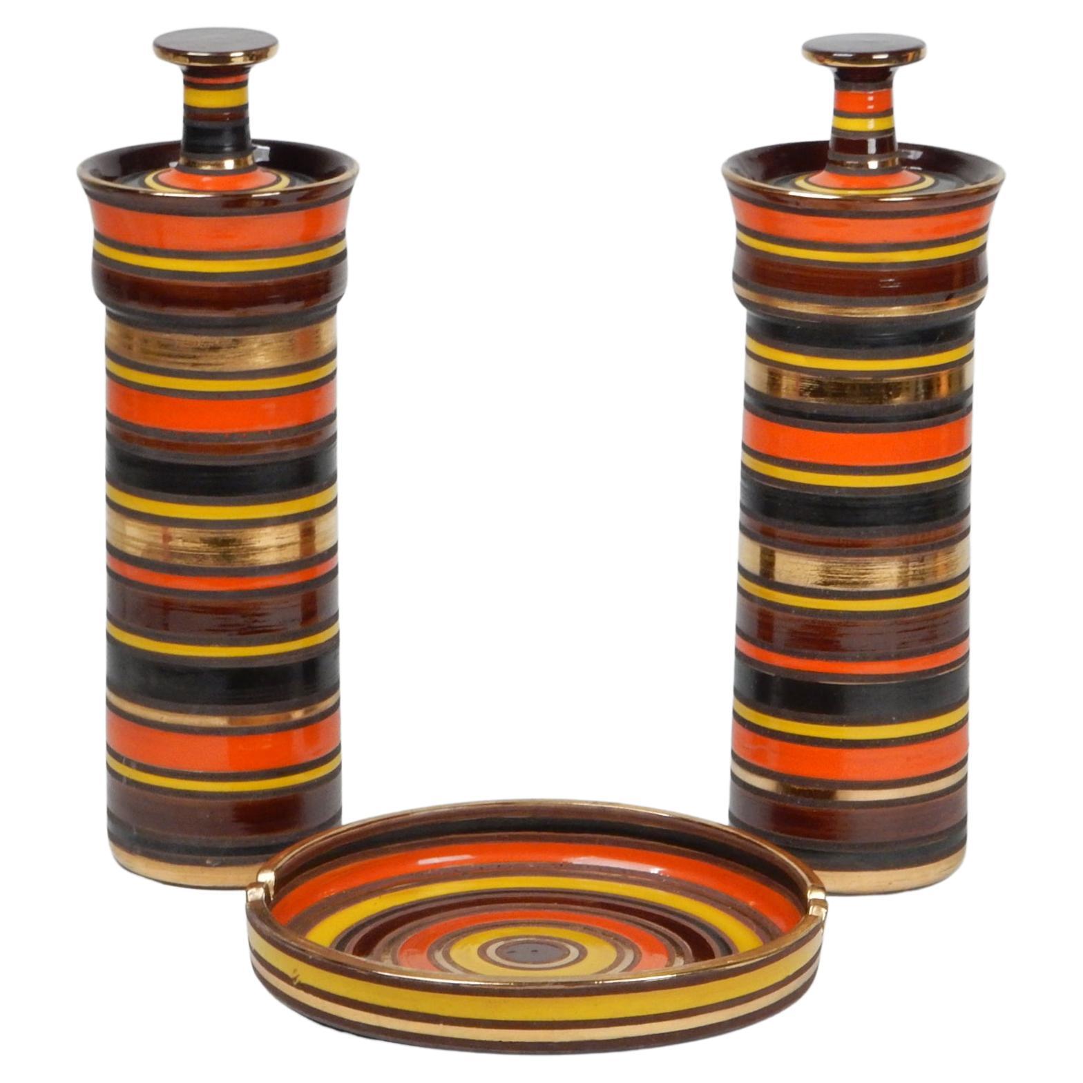 Mid-Century Aldo Londi Bitossi Raymor Art Pottery Table Set Tall Jars & Ashtray For Sale