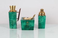 Mid-Century Aldo Tura Brass and Green Goatskin Scroll Cocktail set 1960s Italy