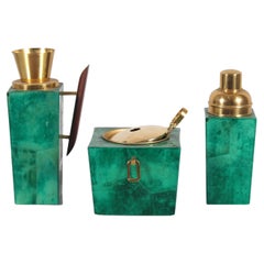 Vintage Mid-Century Aldo Tura Brass and Green Goatskin Scroll Cocktail set 1960s Italy