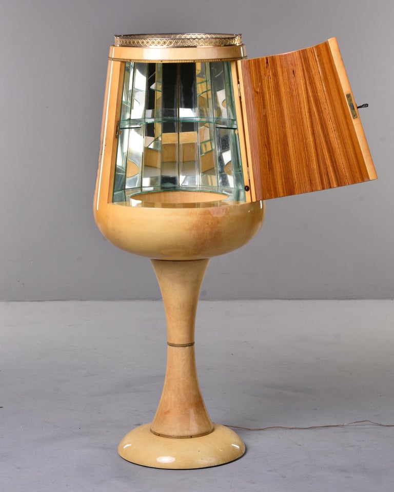 Italian Mid-Century Aldo Tura Parchment Covered Pedestal Bar Light Up Mirrored Interior For Sale
