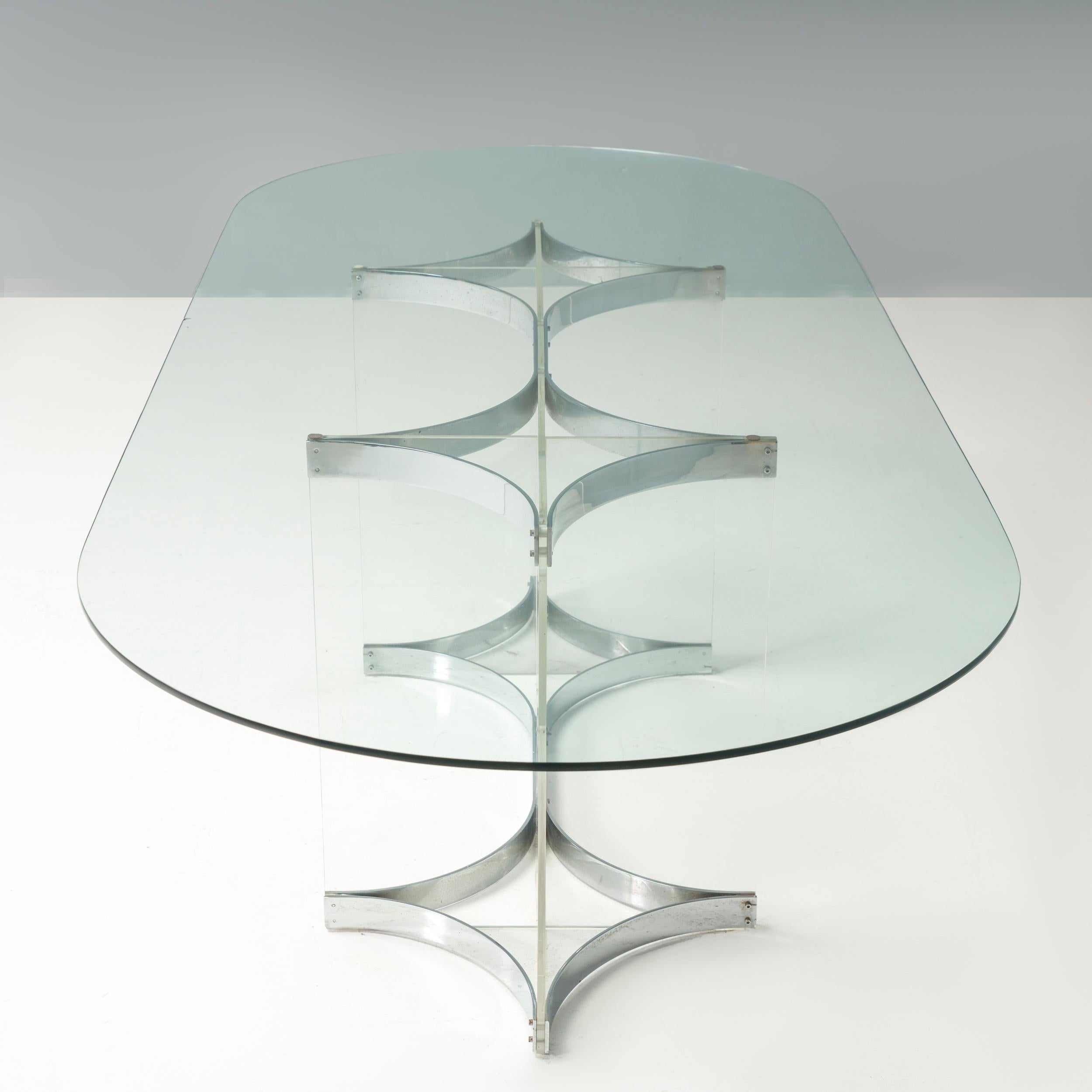 Italian Mid Century Alessandro Albrizzi Large Dining Table, Glass and Chrome For Sale