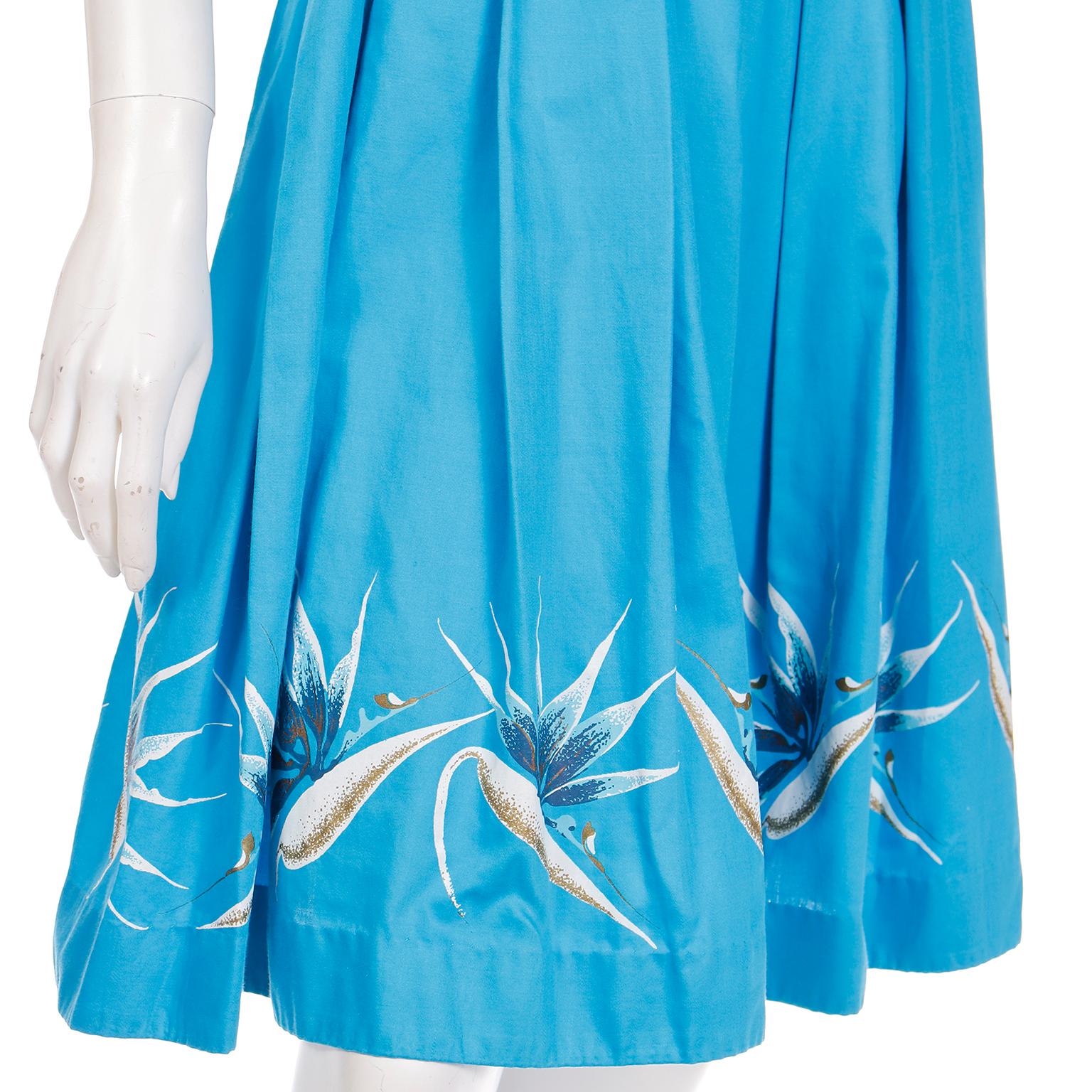 Mid Century Alfred Shaheen Vintage Blue Halter Dress w Birds of Paradise For Sale 3