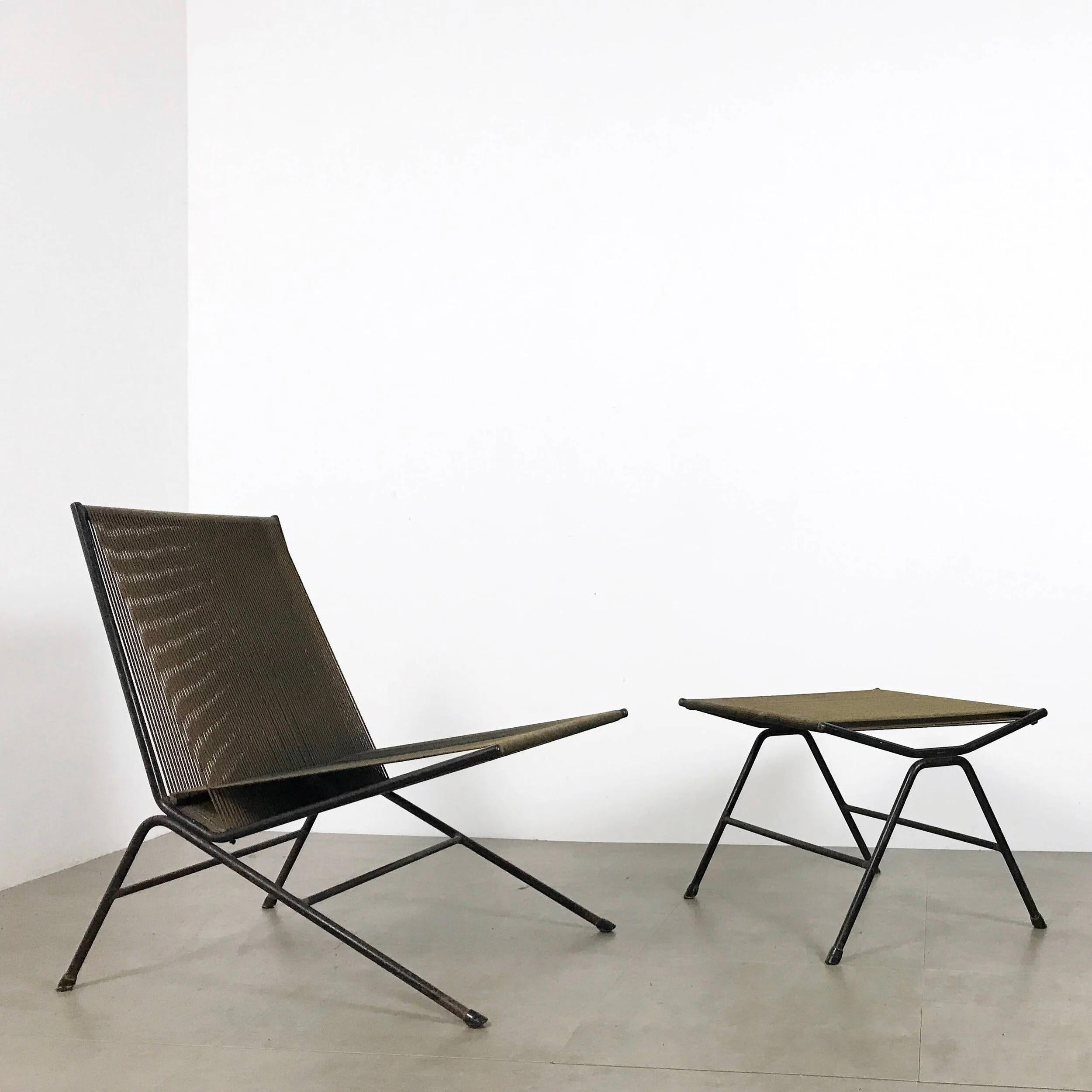 Silla y otomana de cáñamo y hierro de mediados de siglo Allan Gould 1952 Estadounidense en venta