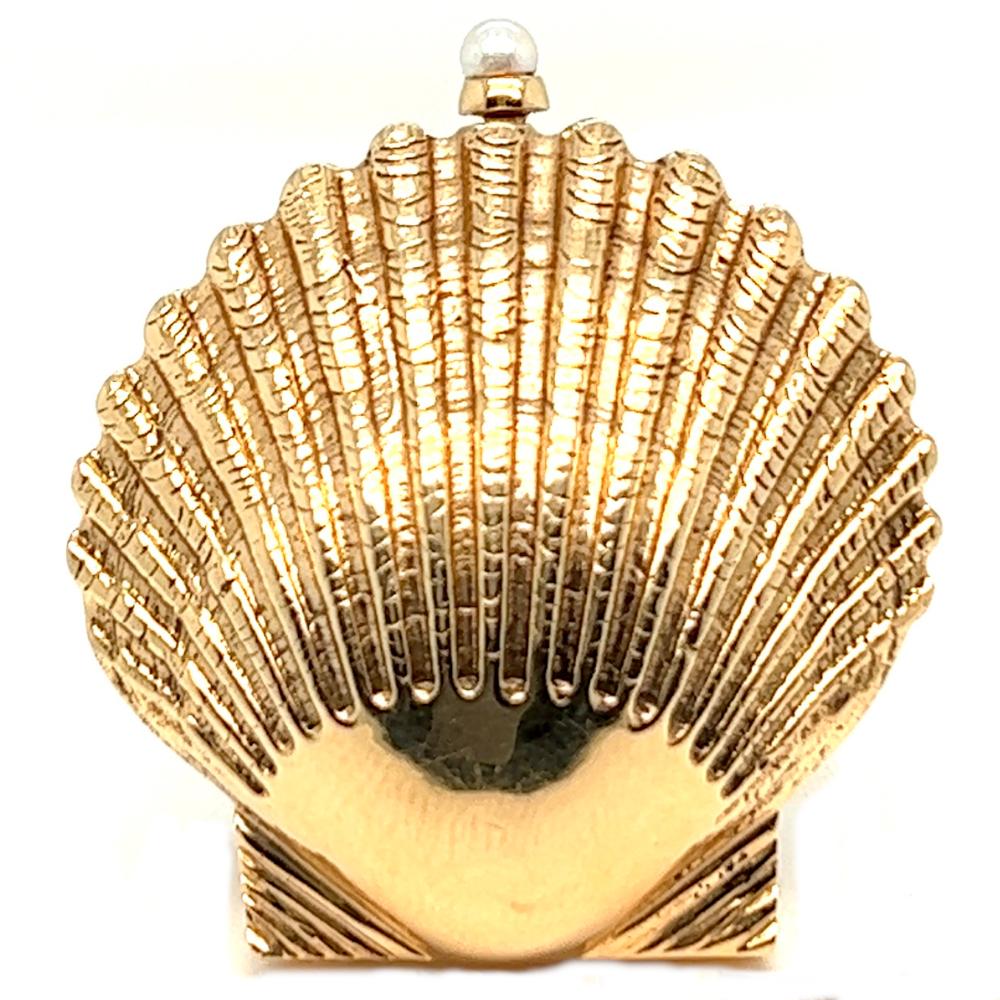 Women's or Men's Mid Century Alpina Pearl 14 Karat Yellow Gold Seashell Clock Brooch