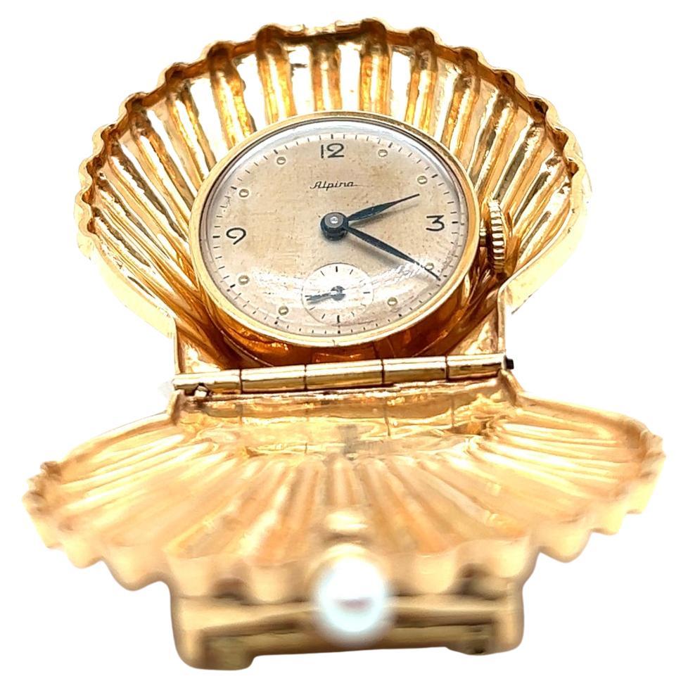 Mid Century Alpina Pearl 14 Karat Yellow Gold Seashell Clock Brooch