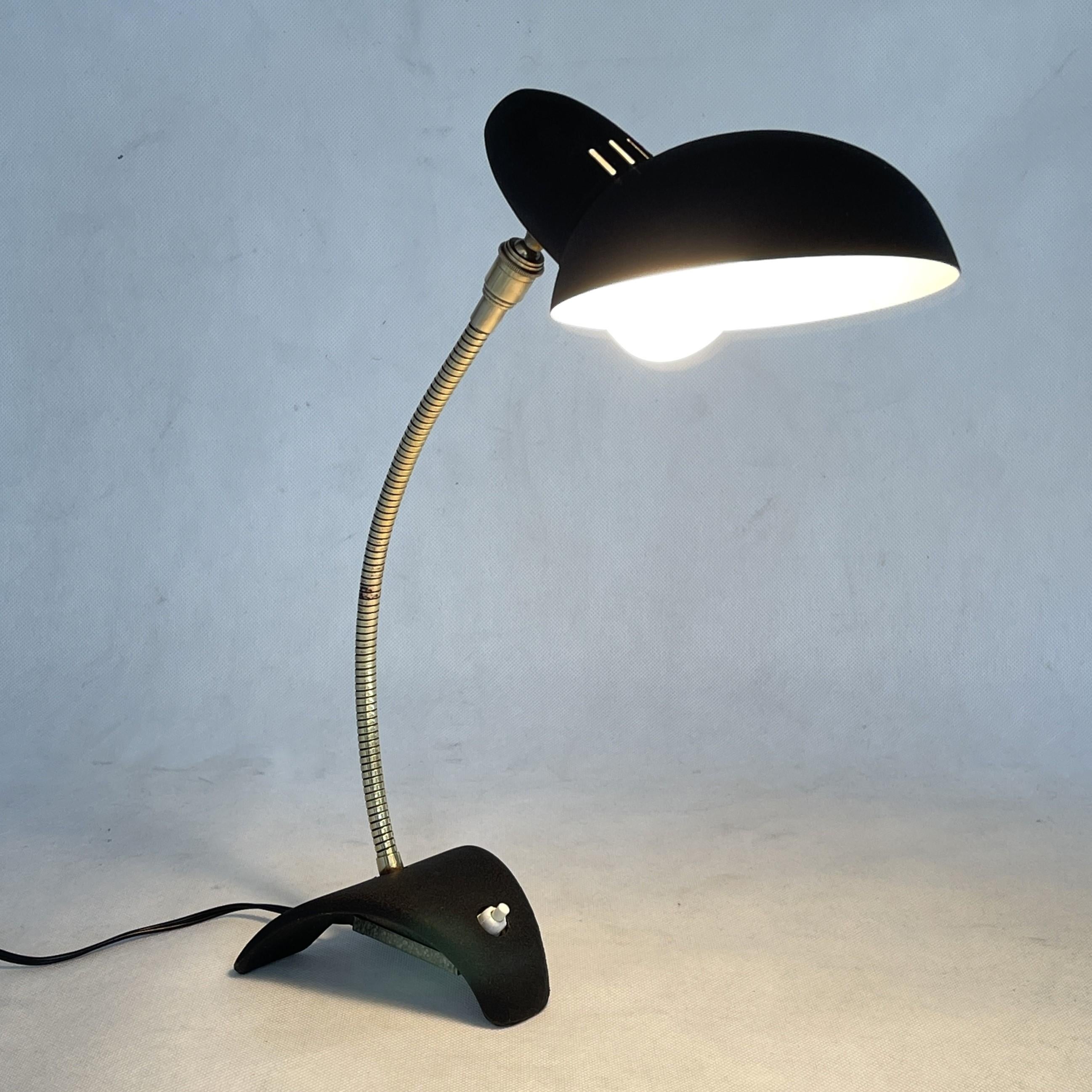 Metal MID-CENTURY Aluminor table lamp Gooseneck lamp black shrink lacquer, 50s For Sale