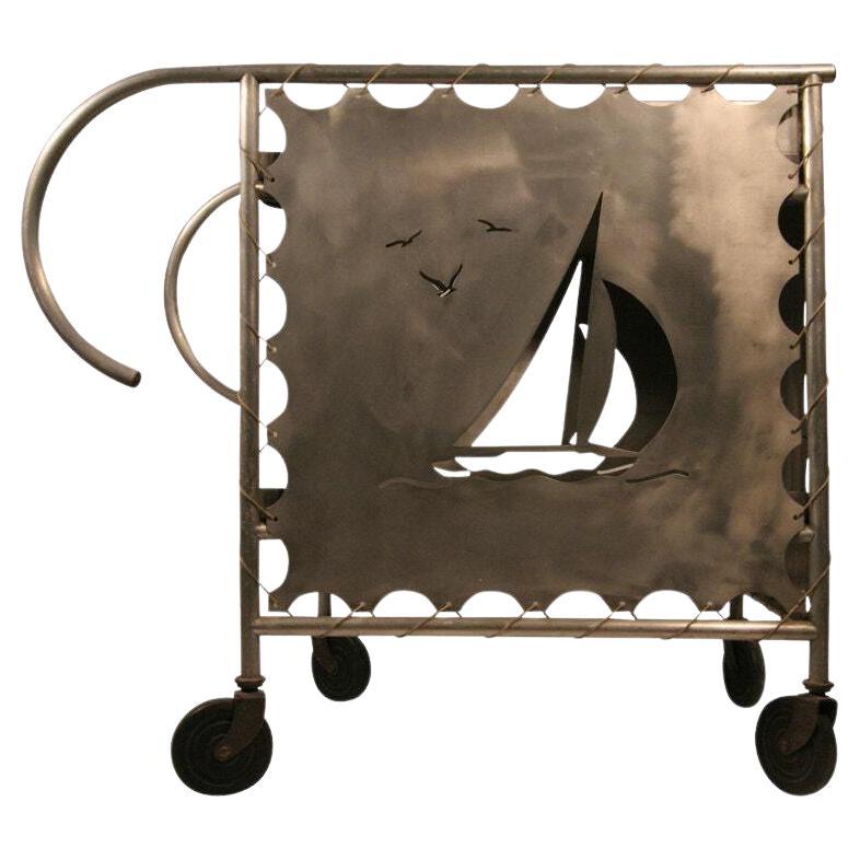 Mid-Century Aluminum Bar Cart with Nautically Themed Cutouts
