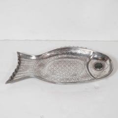 Midcentury Aluminum Stylized Fish Tray with Green Stone Eye by Arthur Court