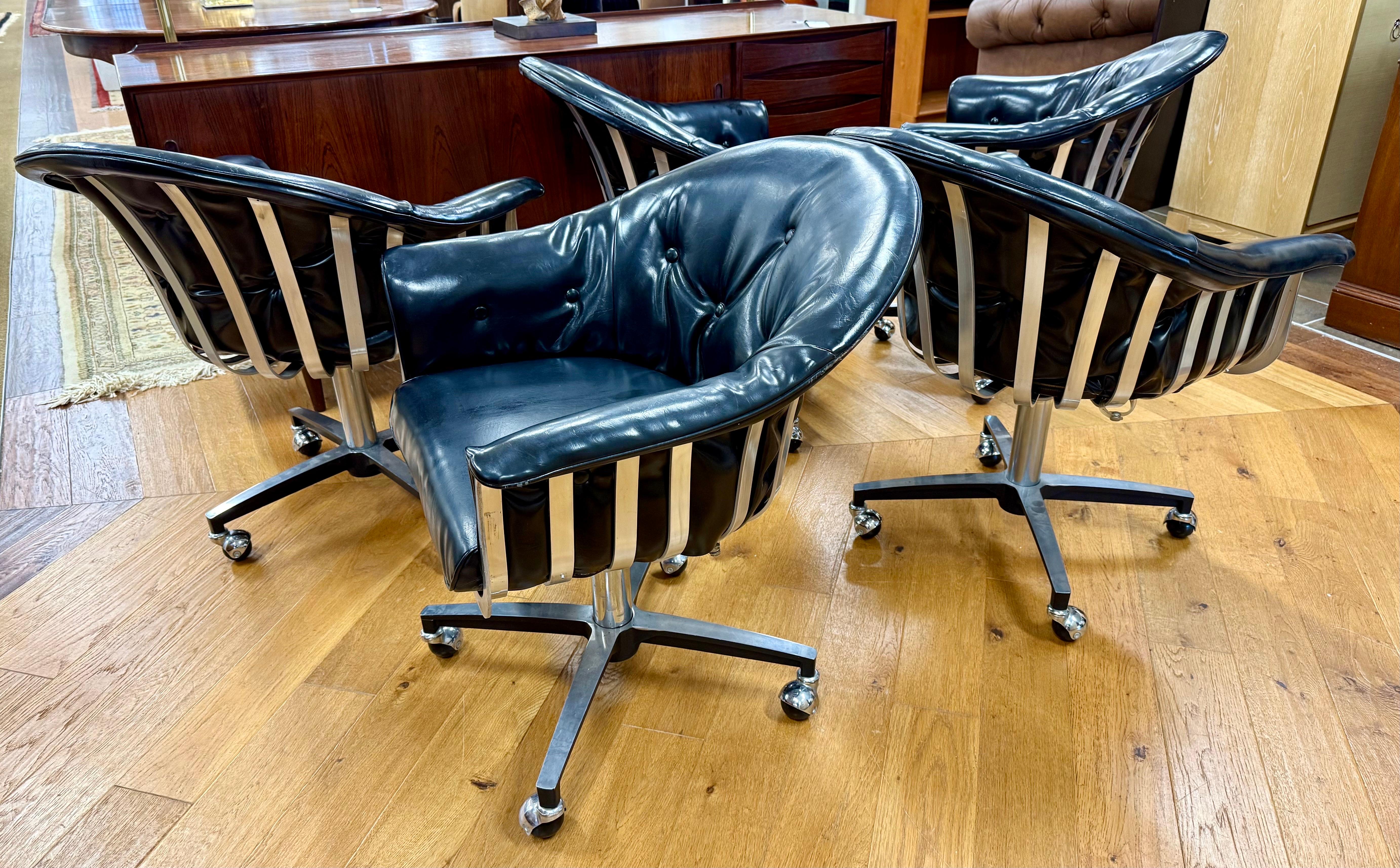 Mid-Century Modern Mid Century Aluminum&Leather Set Herbert Saiger Russell Woodard Swivel Chairs For Sale