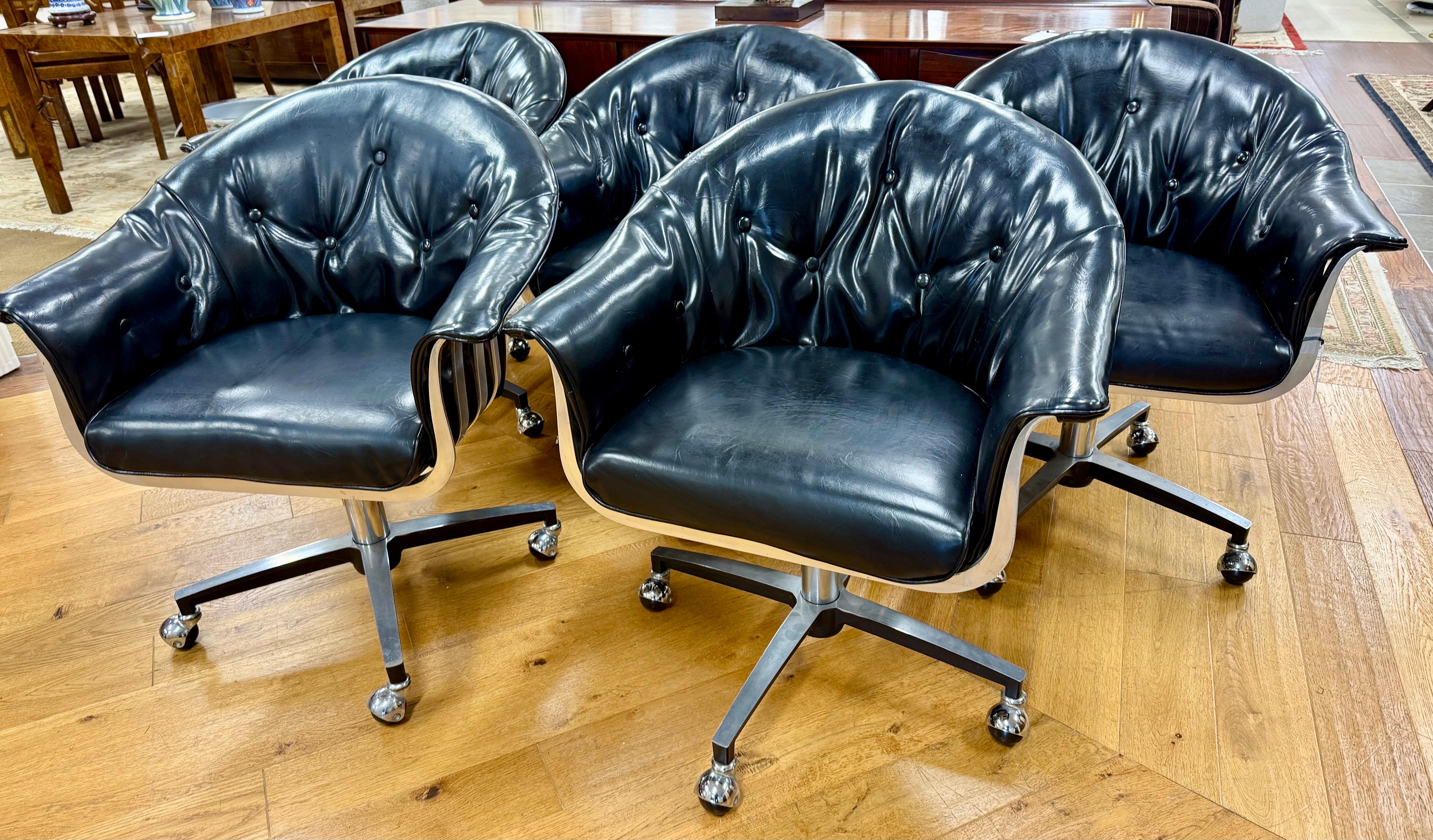 American Mid Century Aluminum&Leather Set Herbert Saiger Russell Woodard Swivel Chairs For Sale