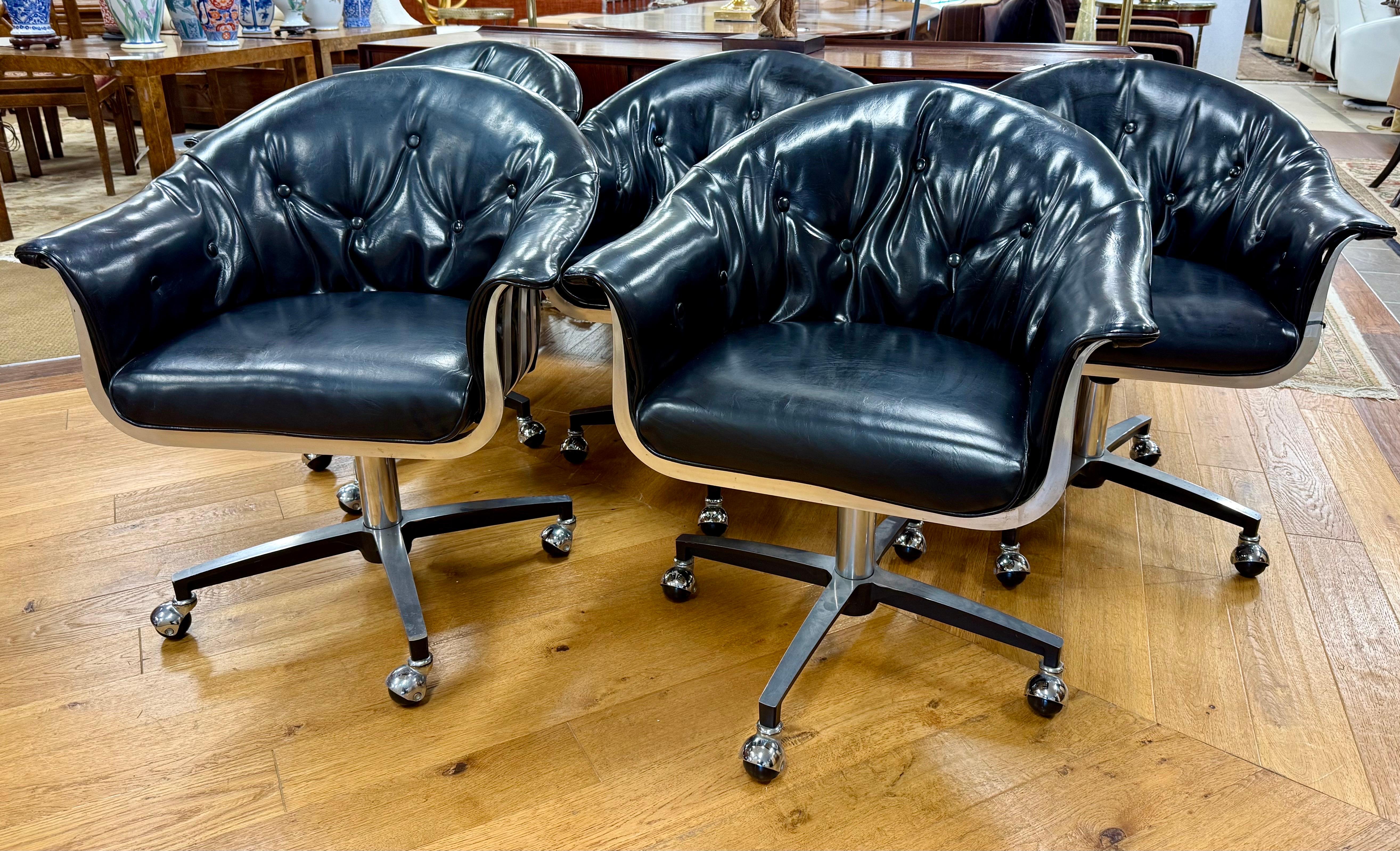 Mid Century Aluminum&Leather Set Herbert Saiger Russell Woodard Swivel Chairs In Good Condition For Sale In West Hartford, CT