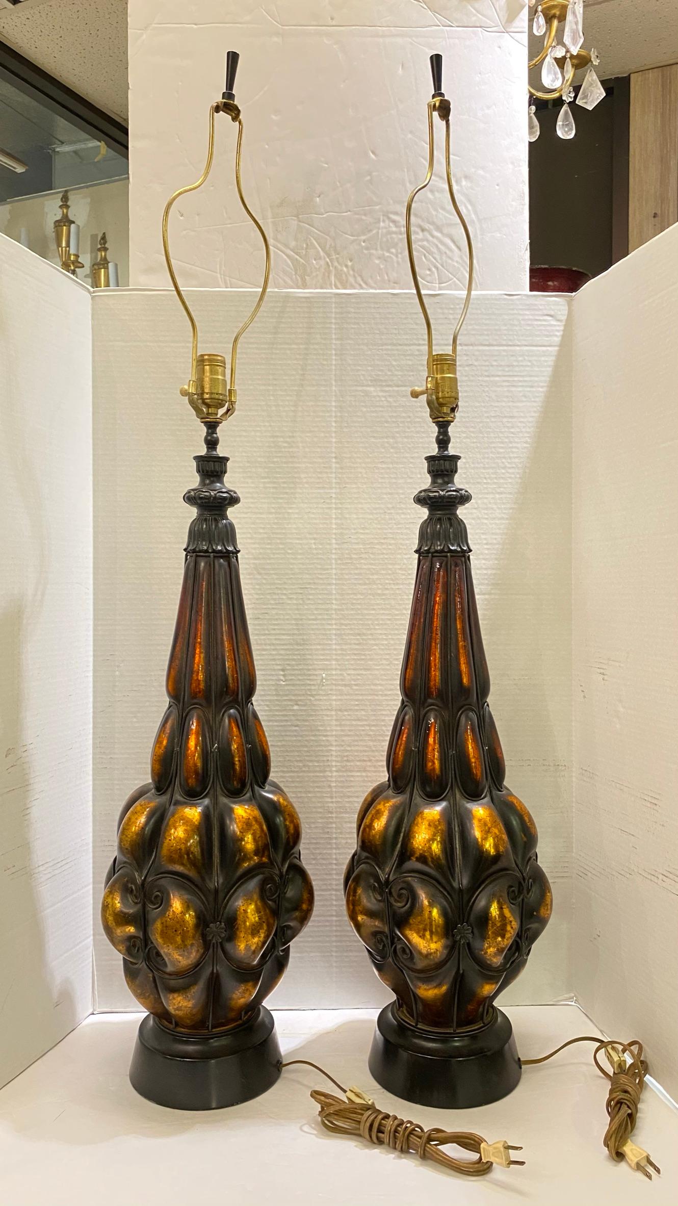 Mid-Century Amber Blown Molded Metal Table Lamps 3