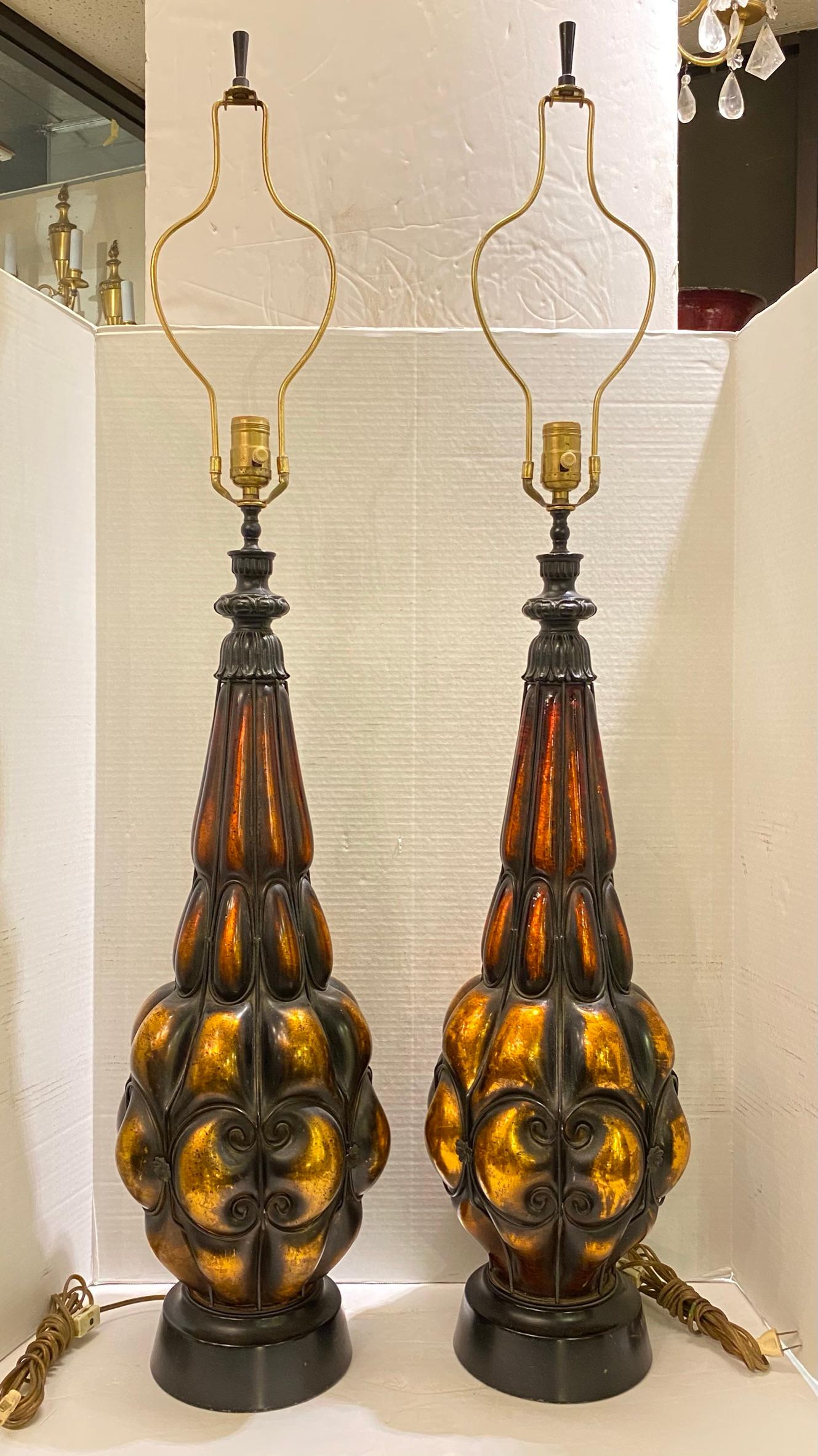Arts and Crafts Mid-Century Amber Blown Molded Metal Table Lamps