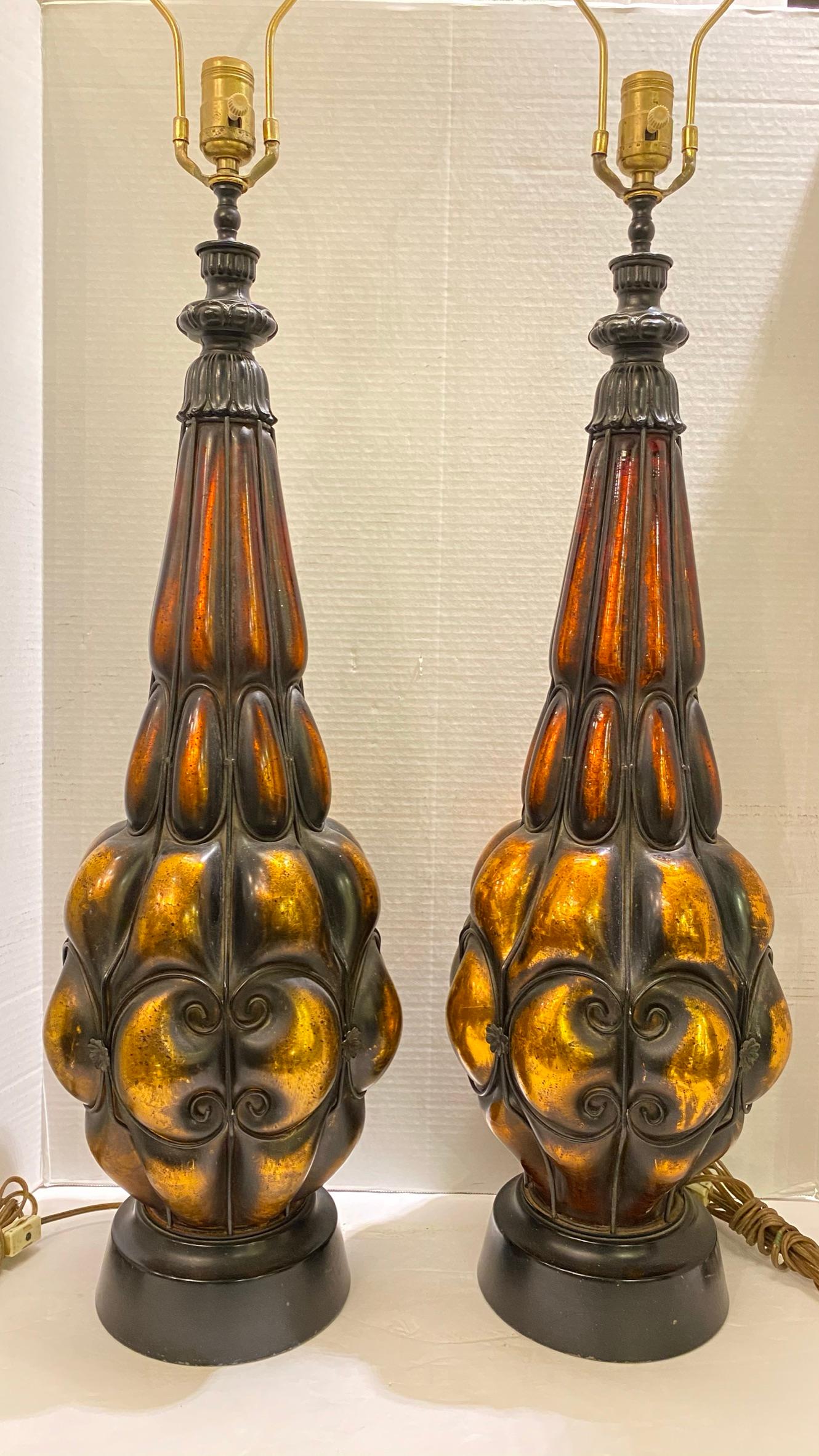North American Mid-Century Amber Blown Molded Metal Table Lamps