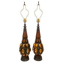 Mid-Century Amber Blown Molded Metal Table Lamps