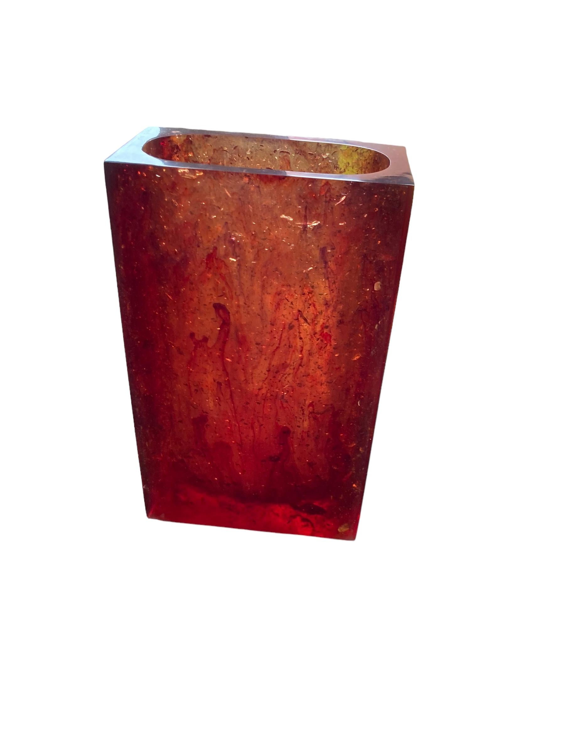 Mid Century Amber coloured Rectangualr Vase For Sale 1
