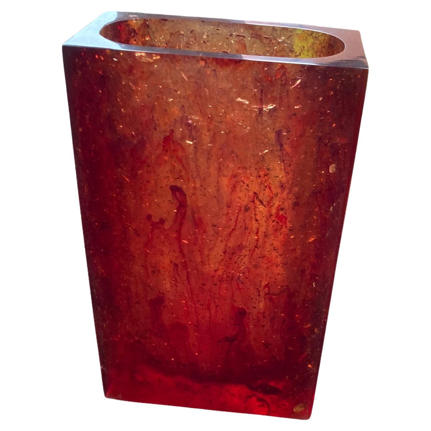 Mid Century Amber coloured Rectangualr Vase For Sale