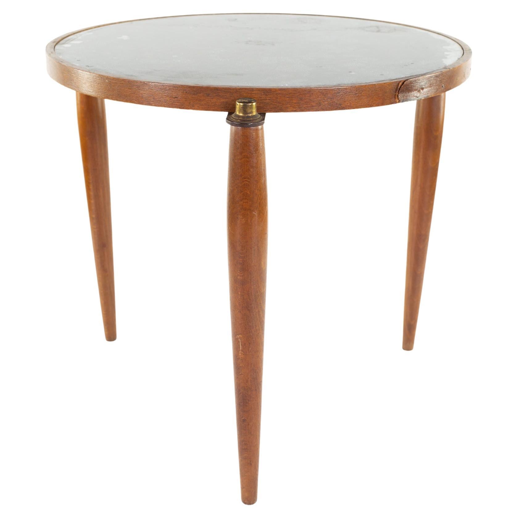 Mid Century Amber Glass Walnut and Brass End Table