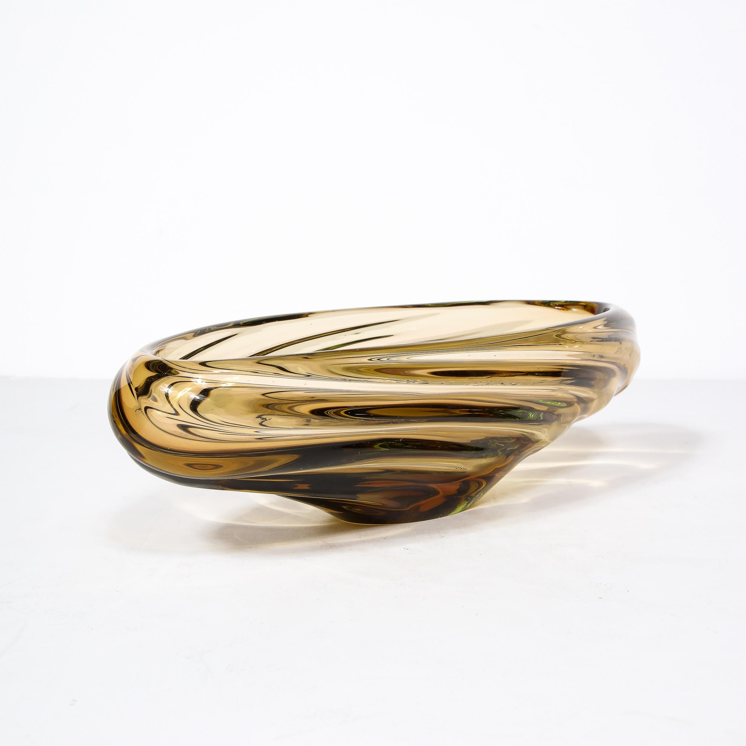 Italian Mid-Century Amber Hand-Blown Murano Glass Centerpiece w/ Rippled Details