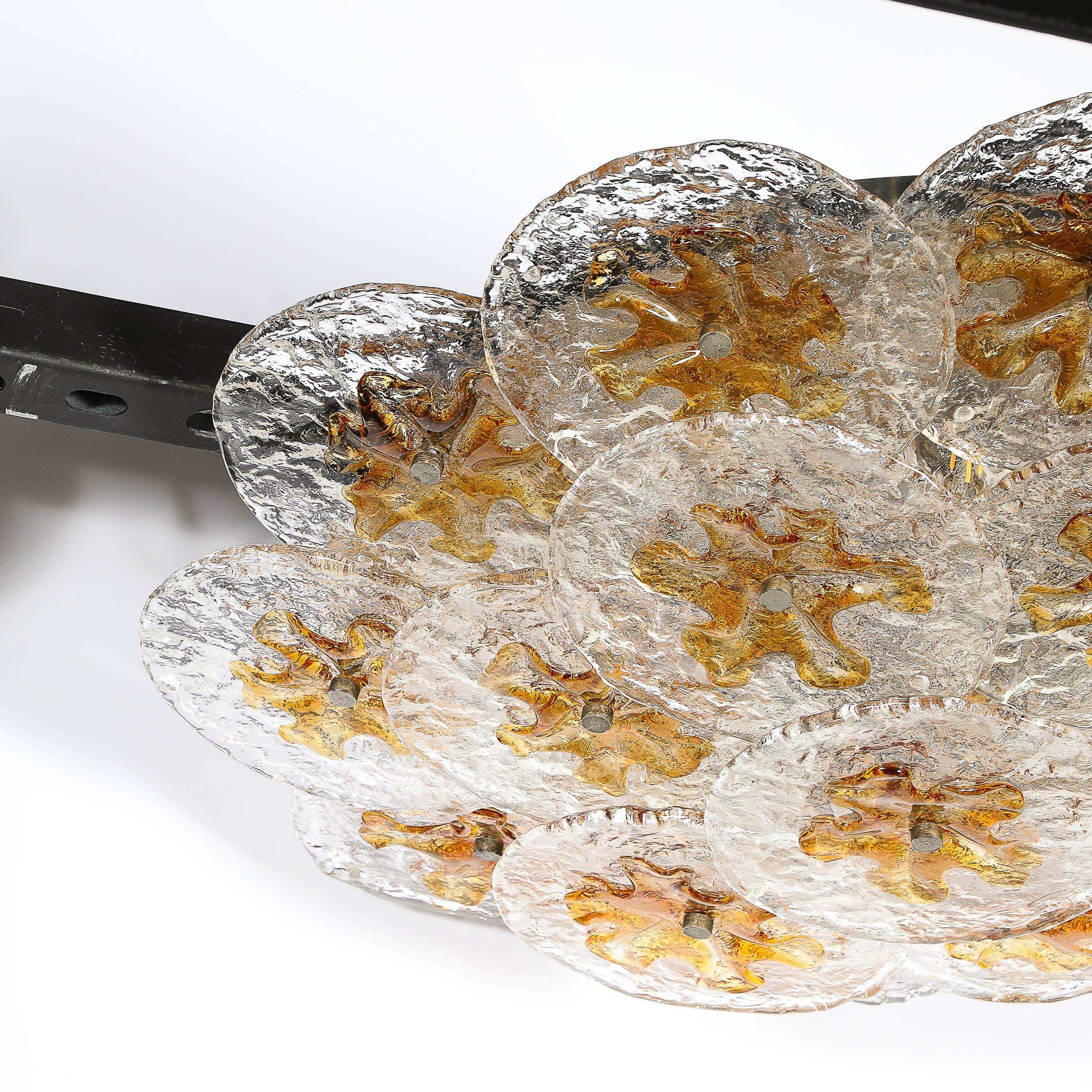 Mid-Century Amber Handblown Murano Mottled Glass Disk Flush Mount by Mazzega For Sale 3
