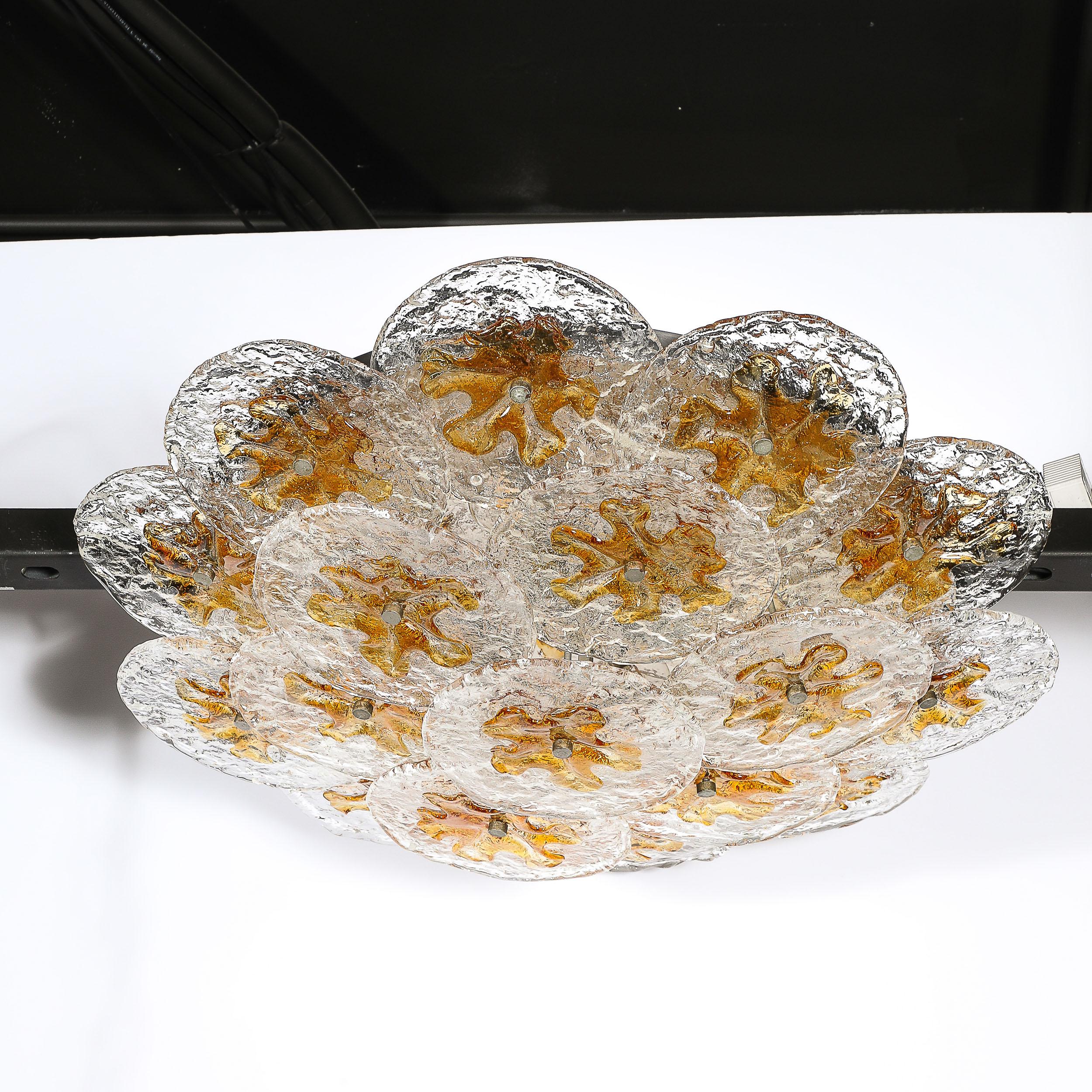 Mid-Century Amber Handblown Murano Mottled Glass Disk Flush Mount by Mazzega For Sale 4