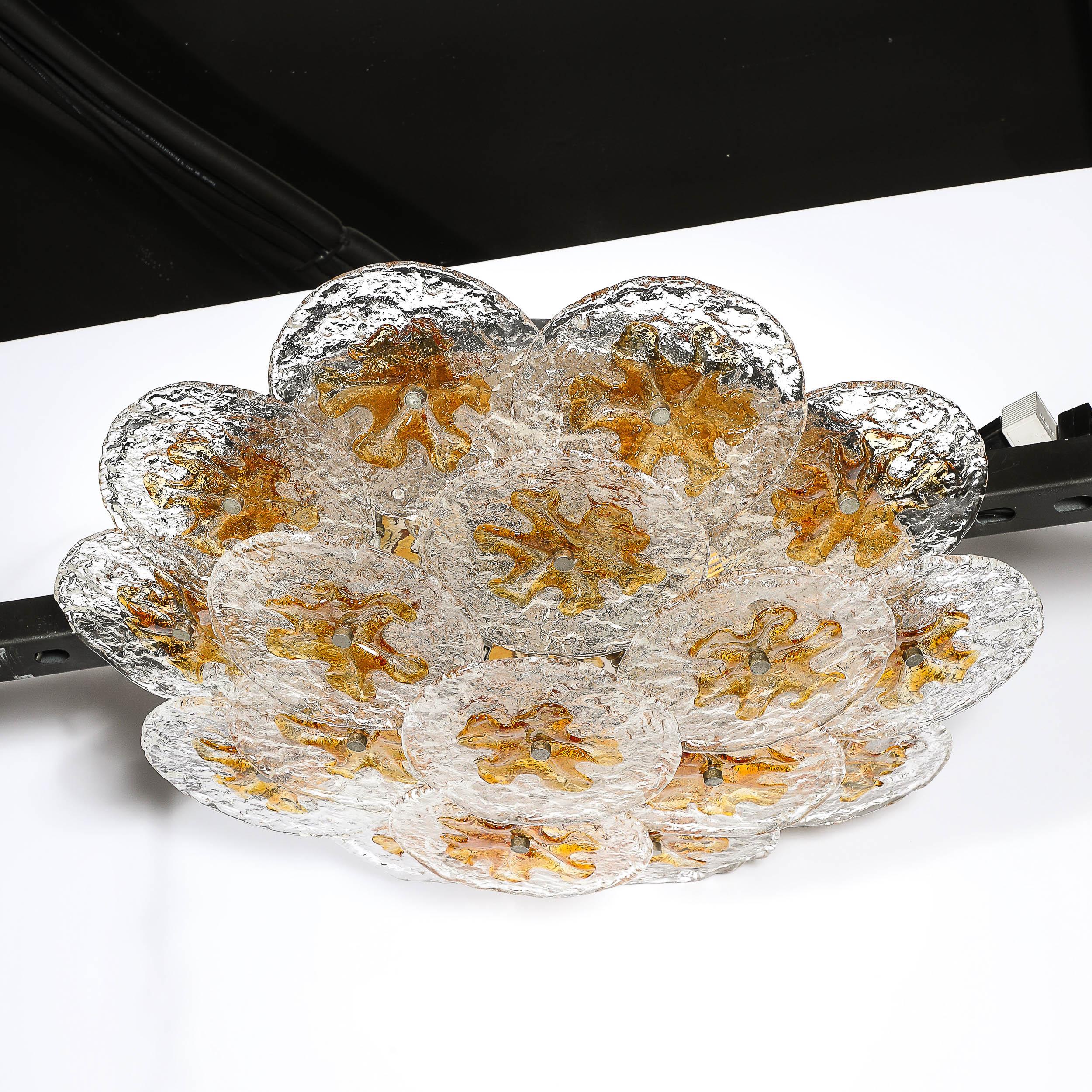 Mid-Century Amber Handblown Murano Mottled Glass Disk Flush Mount by Mazzega For Sale 5