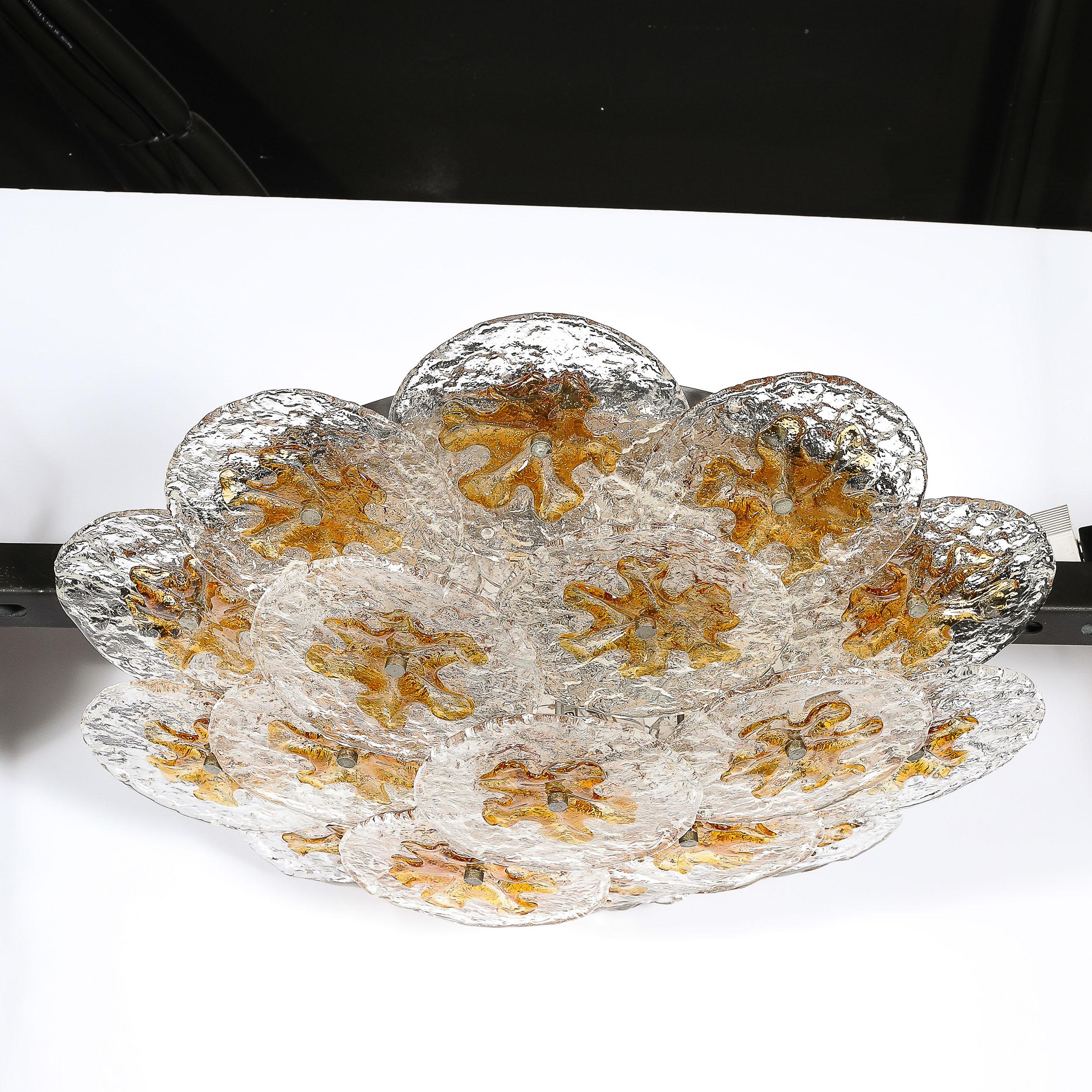 Mid-Century Amber Handblown Murano Mottled Glass Disk Flush Mount by Mazzega For Sale 6