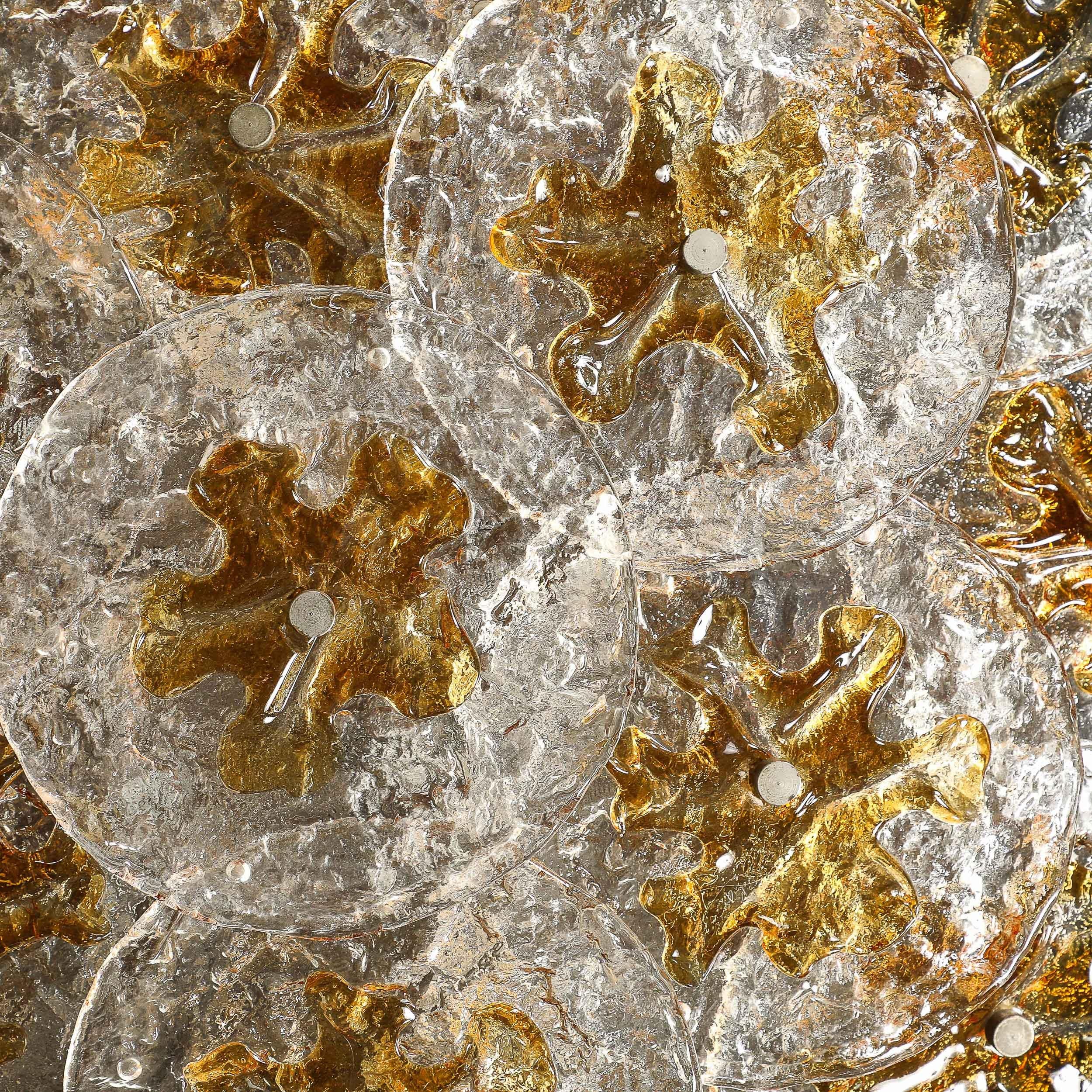 Mid-Century Amber Handblown Murano Mottled Glass Disk Flush Mount by Mazzega For Sale 8