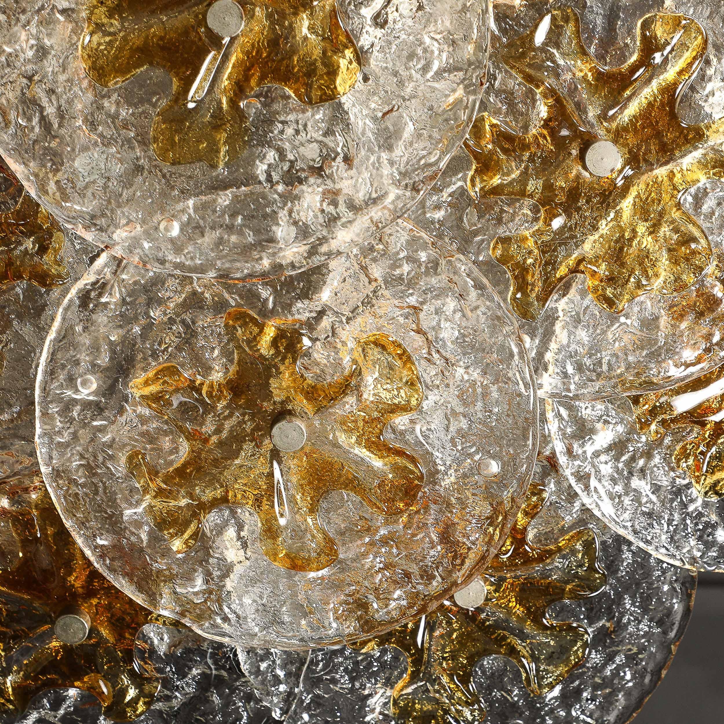Mid-Century Amber Handblown Murano Mottled Glass Disk Flush Mount by Mazzega For Sale 9