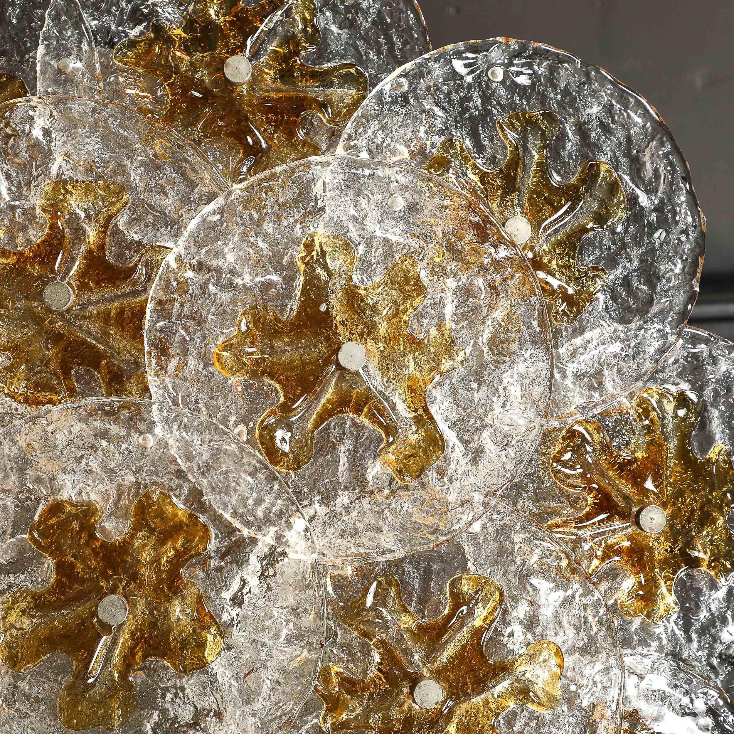 Mid-Century Amber Handblown Murano Mottled Glass Disk Flush Mount by Mazzega For Sale 10