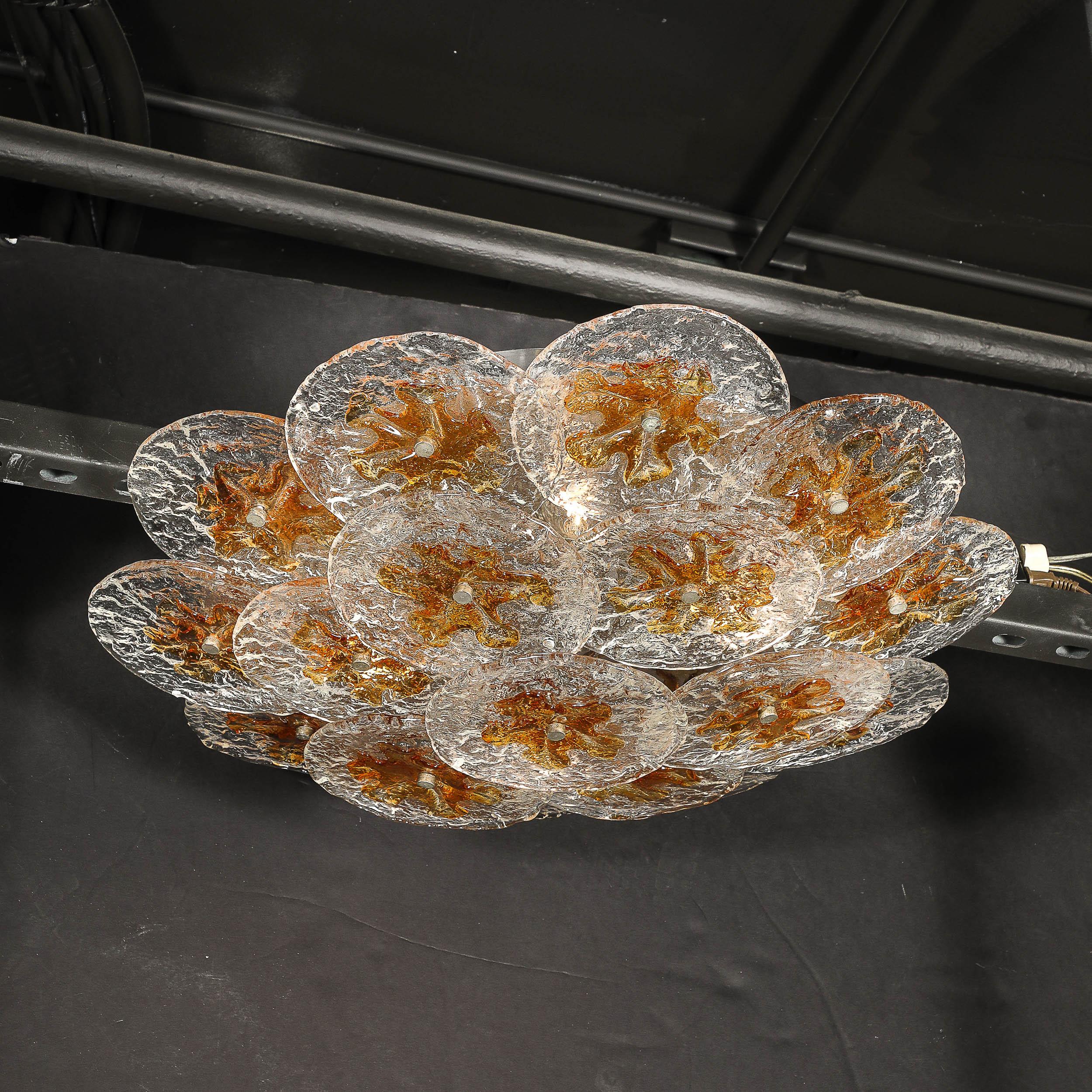 Mid-Century Amber Handblown Murano Mottled Glass Disk Flush Mount by Mazzega In Excellent Condition For Sale In New York, NY