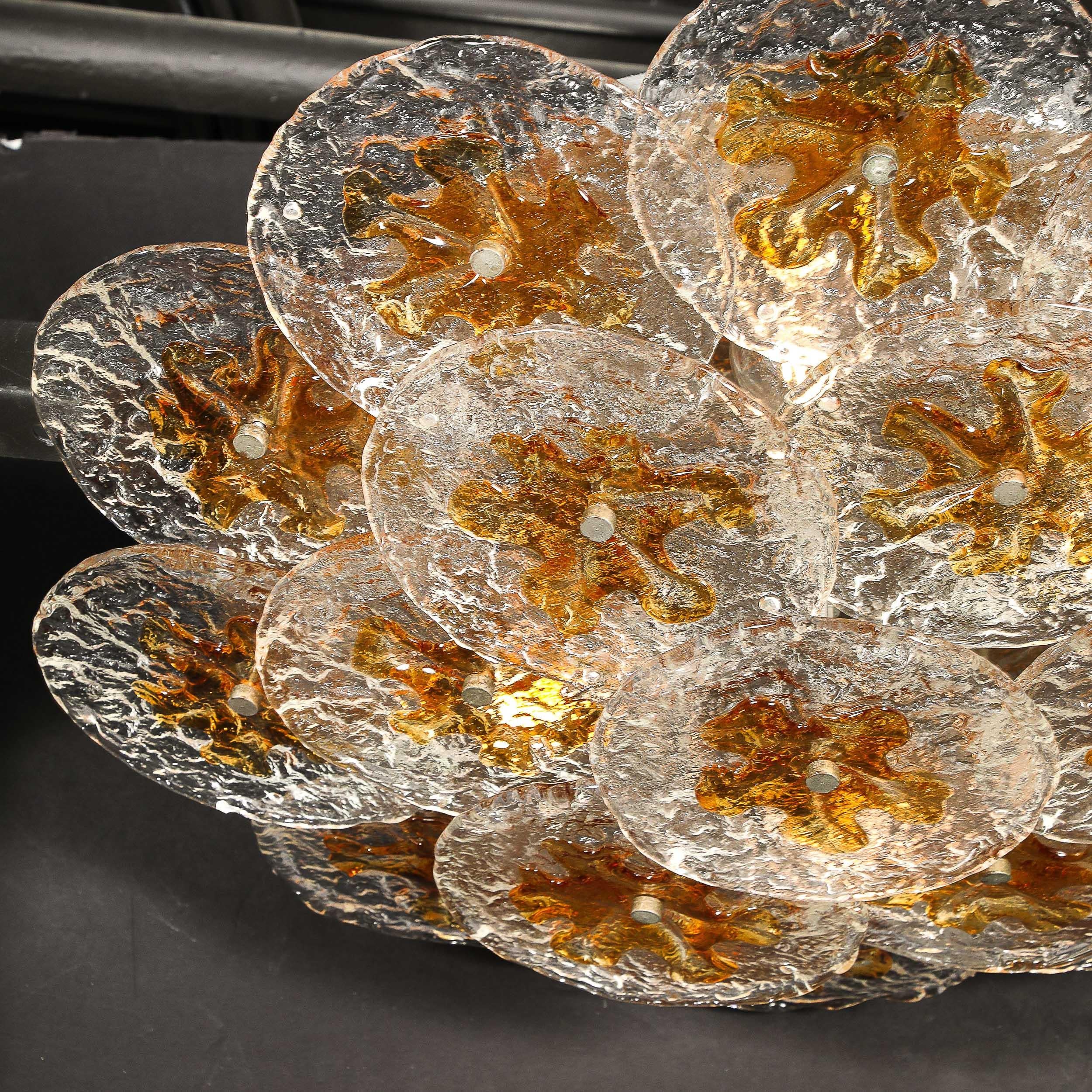 Late 20th Century Mid-Century Amber Handblown Murano Mottled Glass Disk Flush Mount by Mazzega For Sale