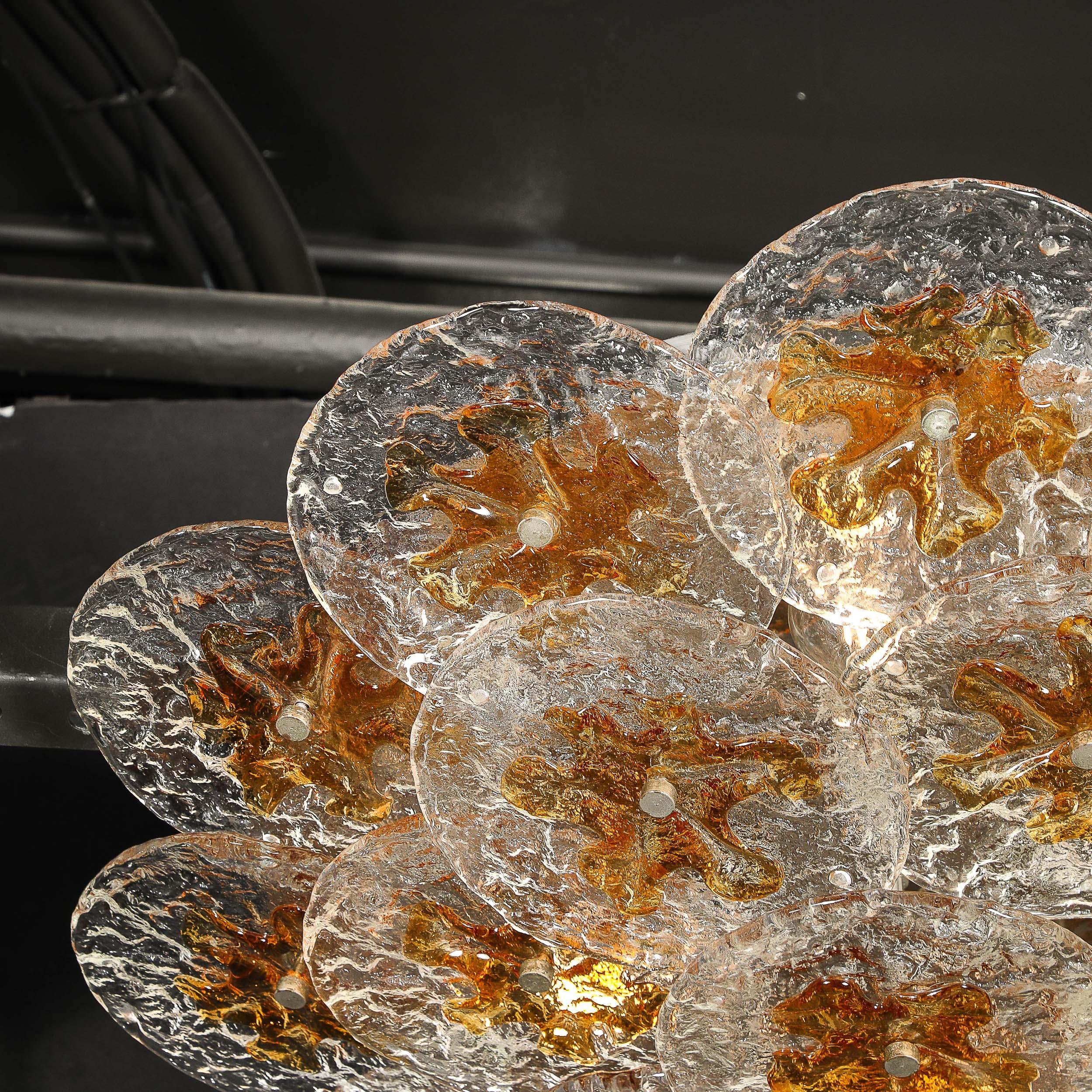 Blown Glass Mid-Century Amber Handblown Murano Mottled Glass Disk Flush Mount by Mazzega For Sale