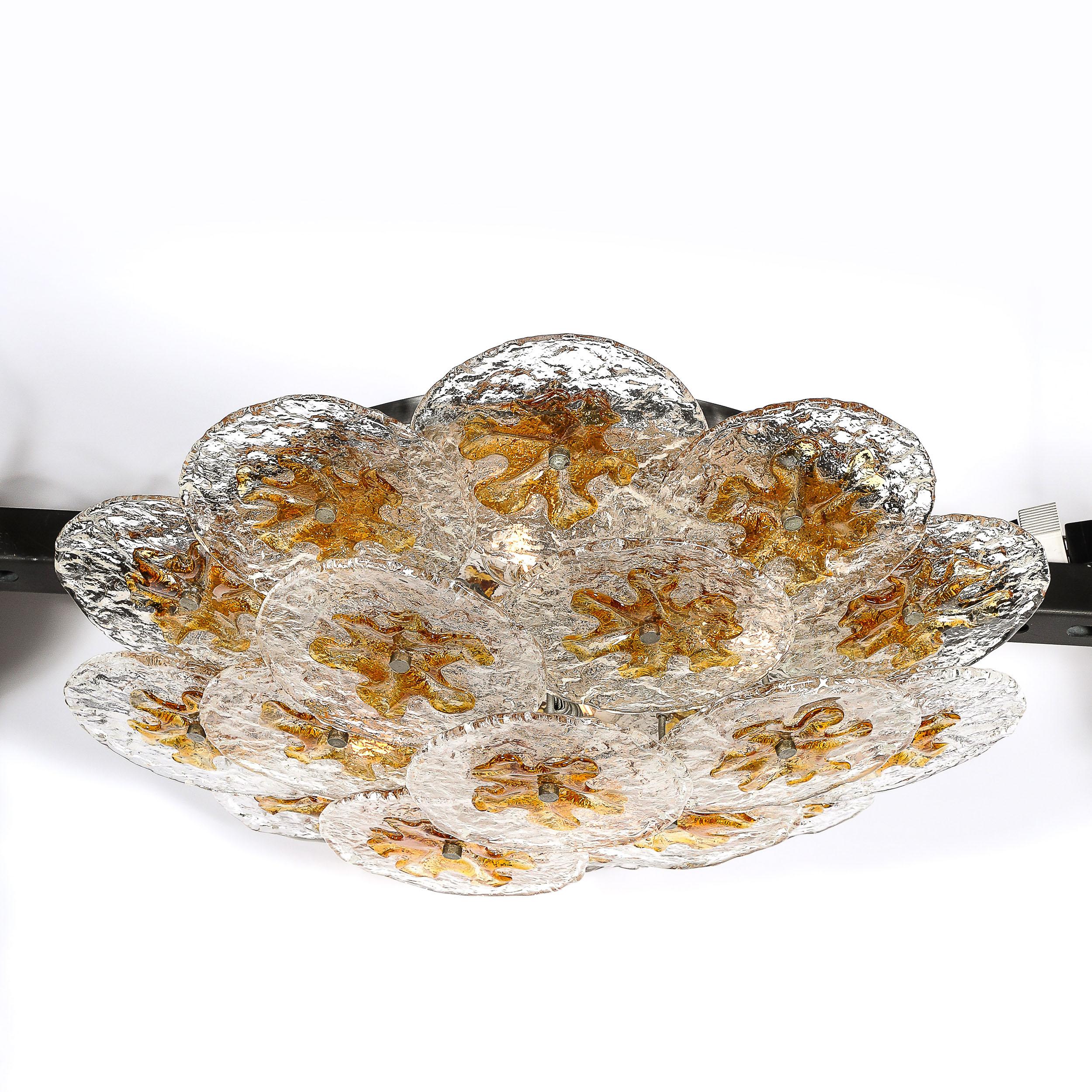 Mid-Century Amber Handblown Murano Mottled Glass Disk Flush Mount by Mazzega For Sale 1