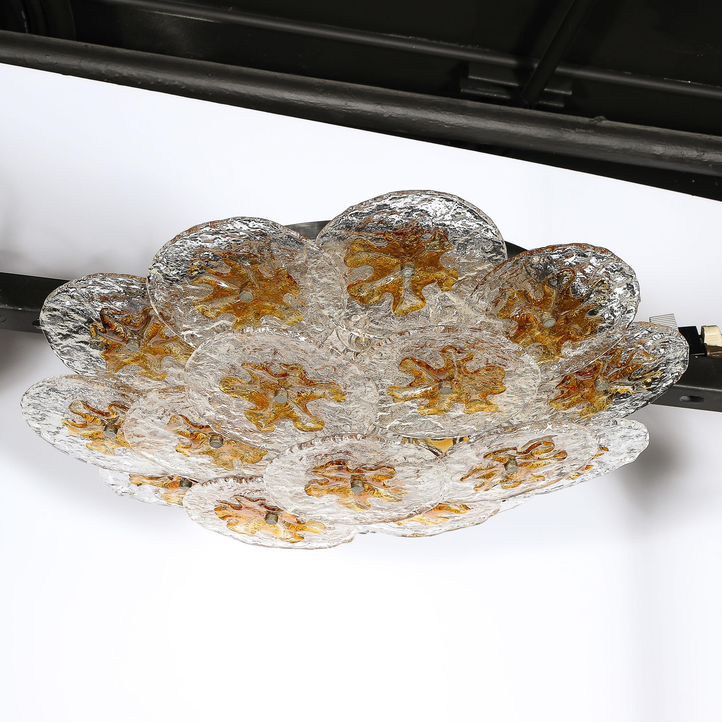 Mid-Century Amber Handblown Murano Mottled Glass Disk Flush Mount by Mazzega For Sale 2