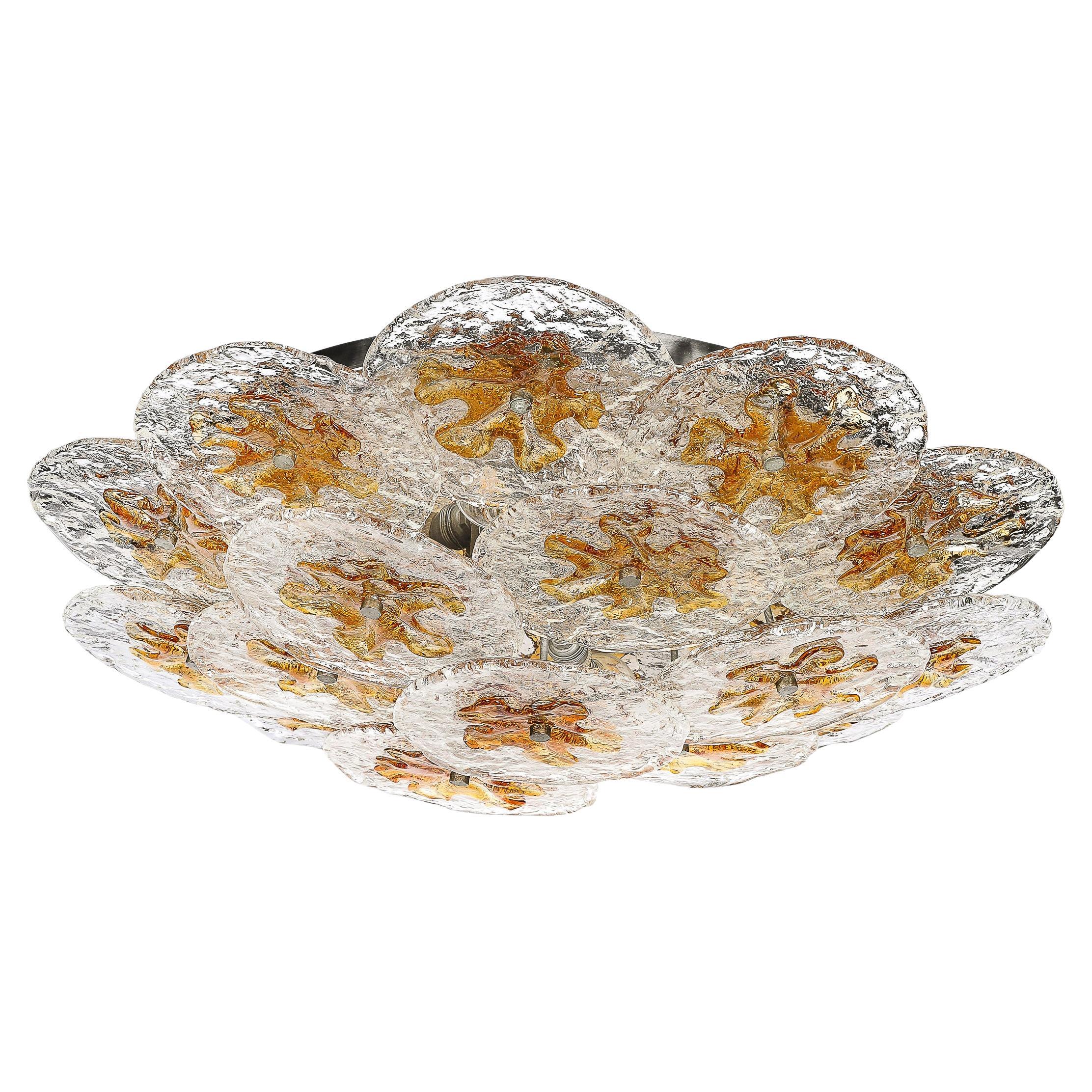 Mid-Century Amber Handblown Murano Mottled Glass Disk Flush Mount by Mazzega For Sale