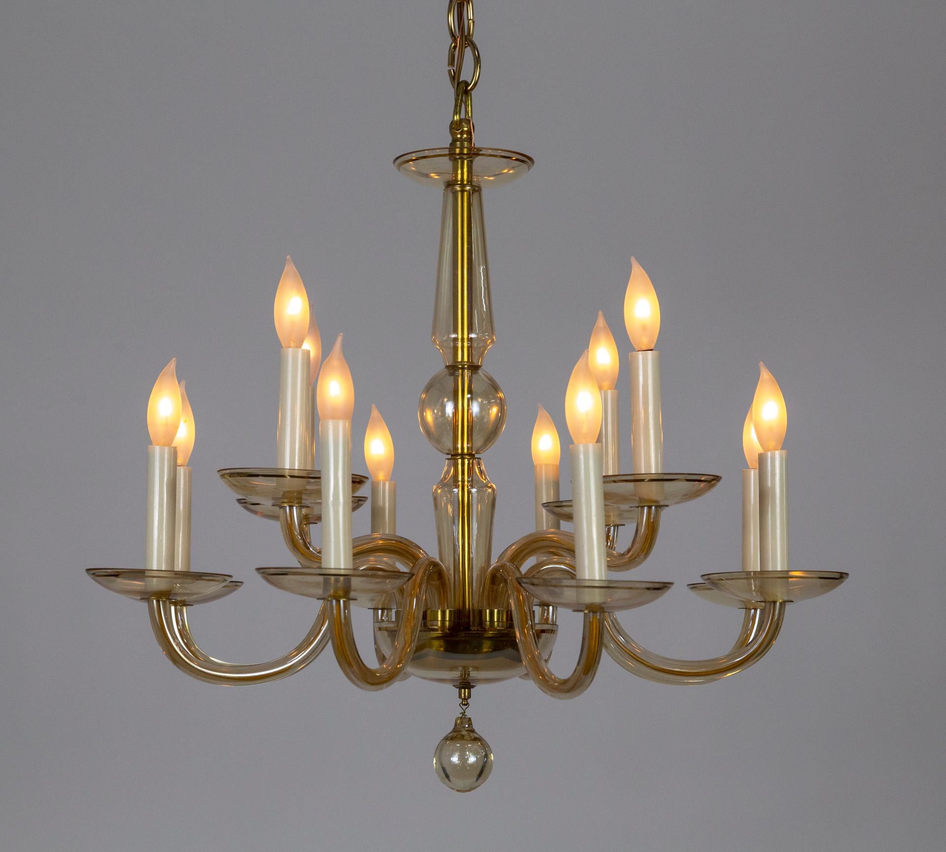 Modern Mid Century Amber Murano Glass 12-Arm Chandelier