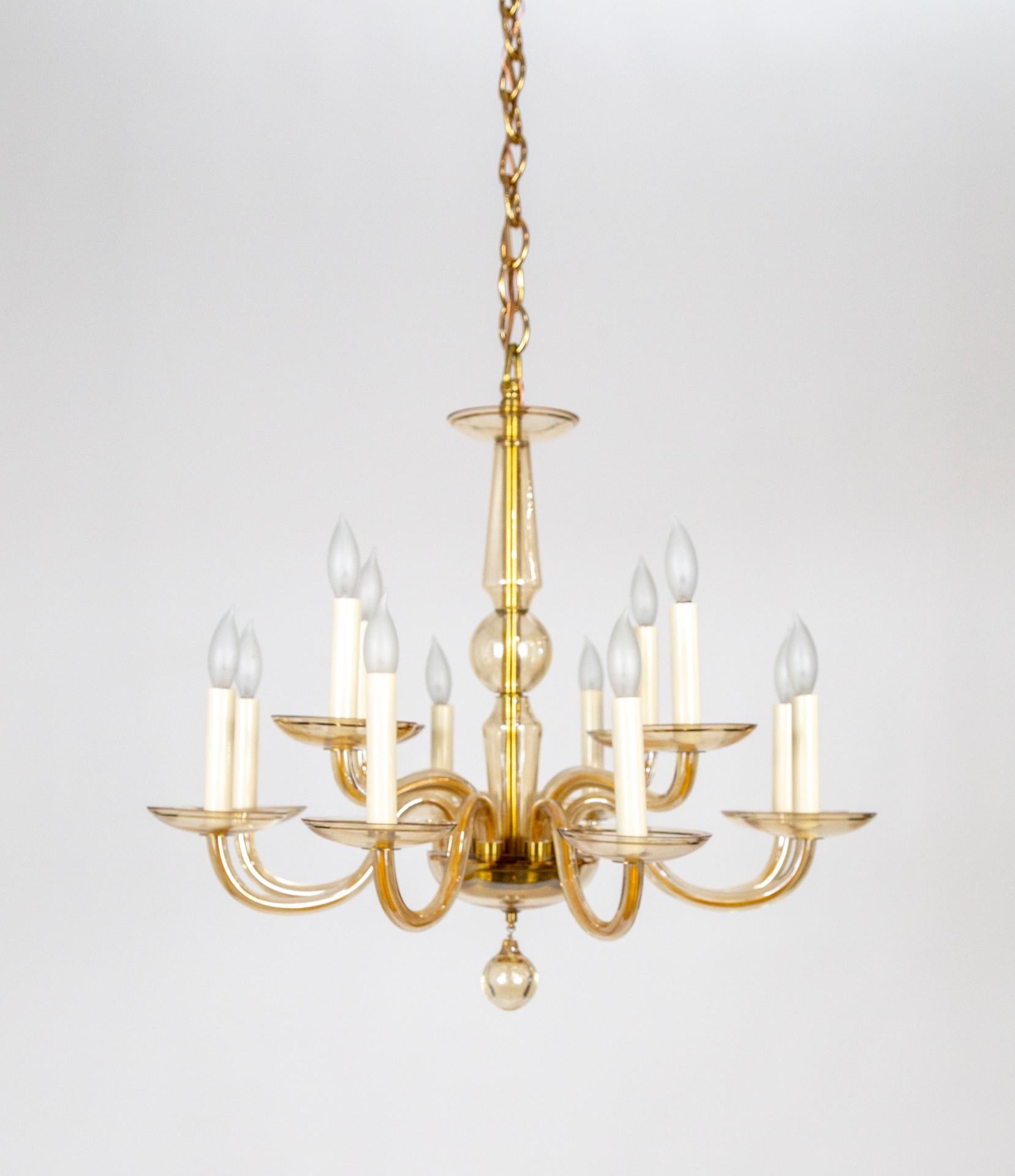 Brass Mid Century Amber Murano Glass 12-Arm Chandelier