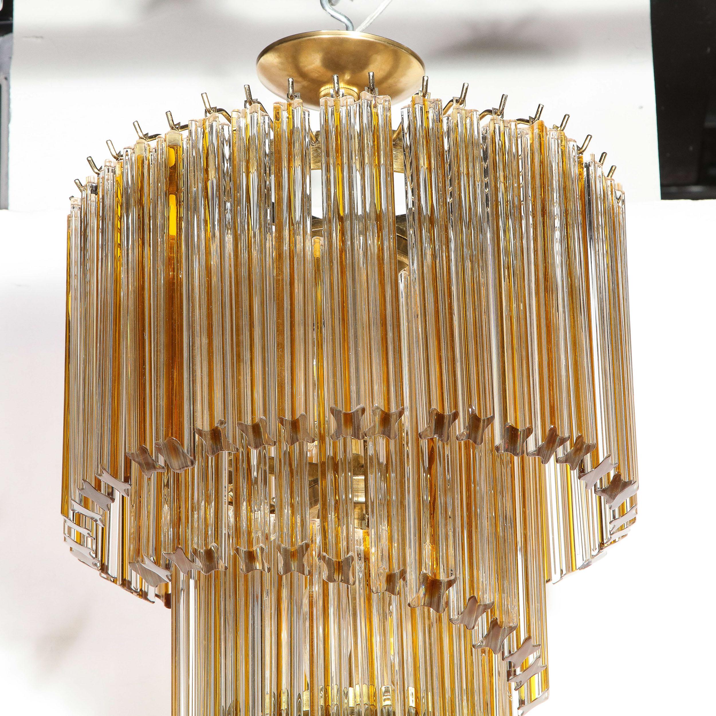 Midcentury Amber Spiral Form Quadretti Camer Chandelier with Brass Fittings In Excellent Condition In New York, NY