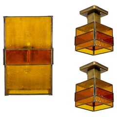 Vintage MCM Amber Stained Glass Geometric Sconce & Semi Flush Mount Ceiling Lights