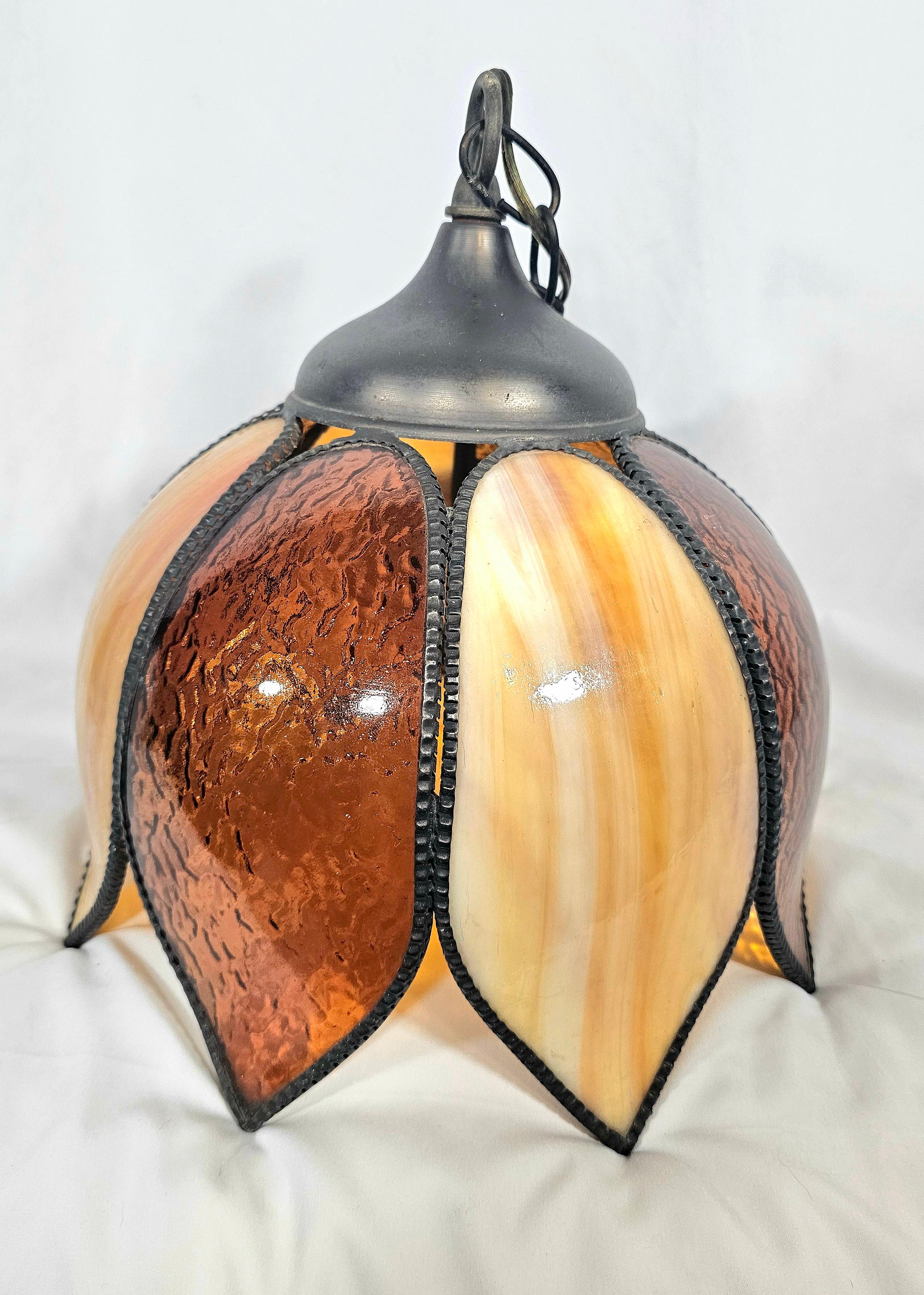 Mid Century Amber Two Tone Slag Glass Tulip Pendant Light For Sale 6