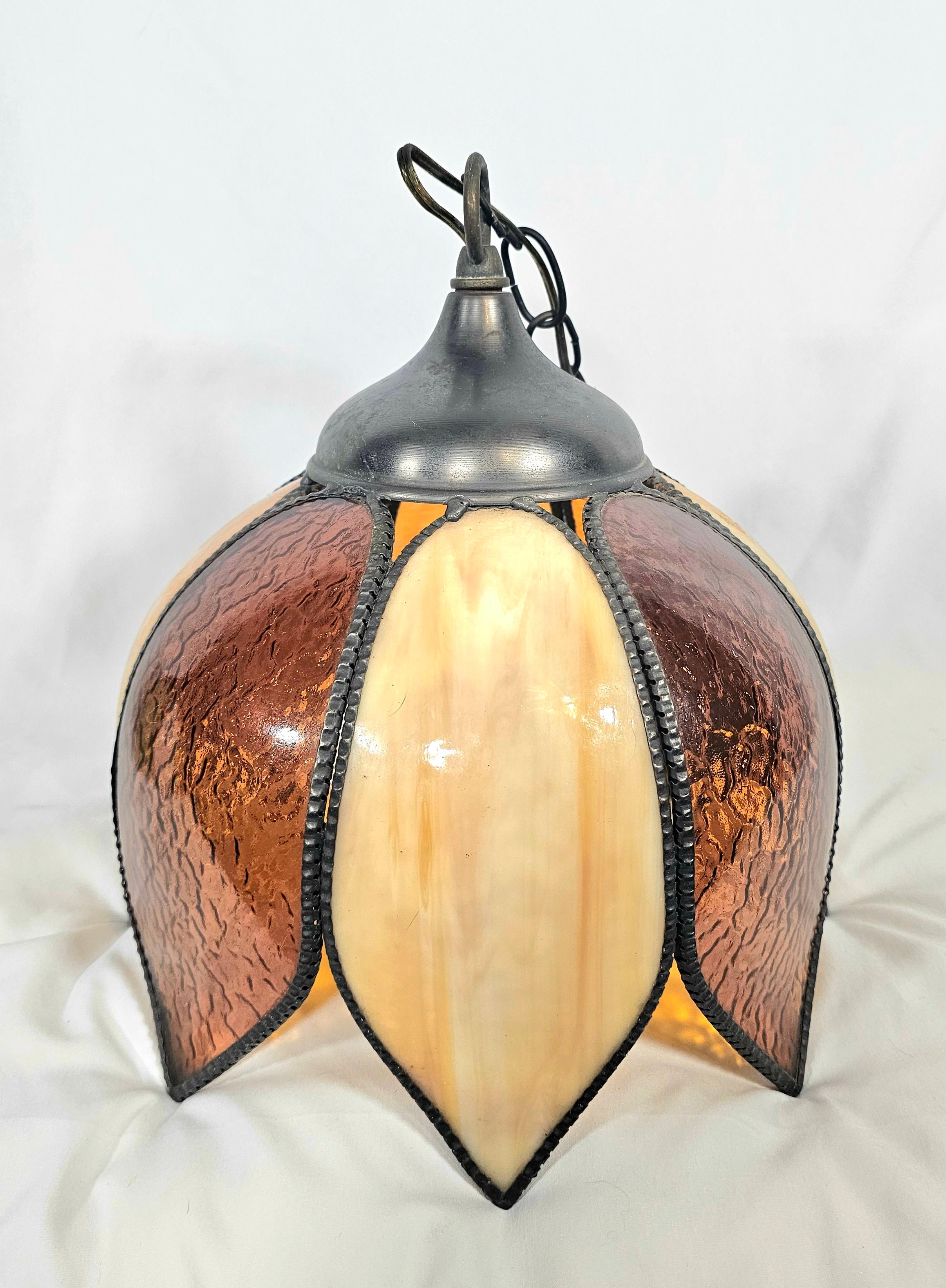 Mid Century Amber Two Tone Slag Glass Tulip Pendant Light For Sale 7