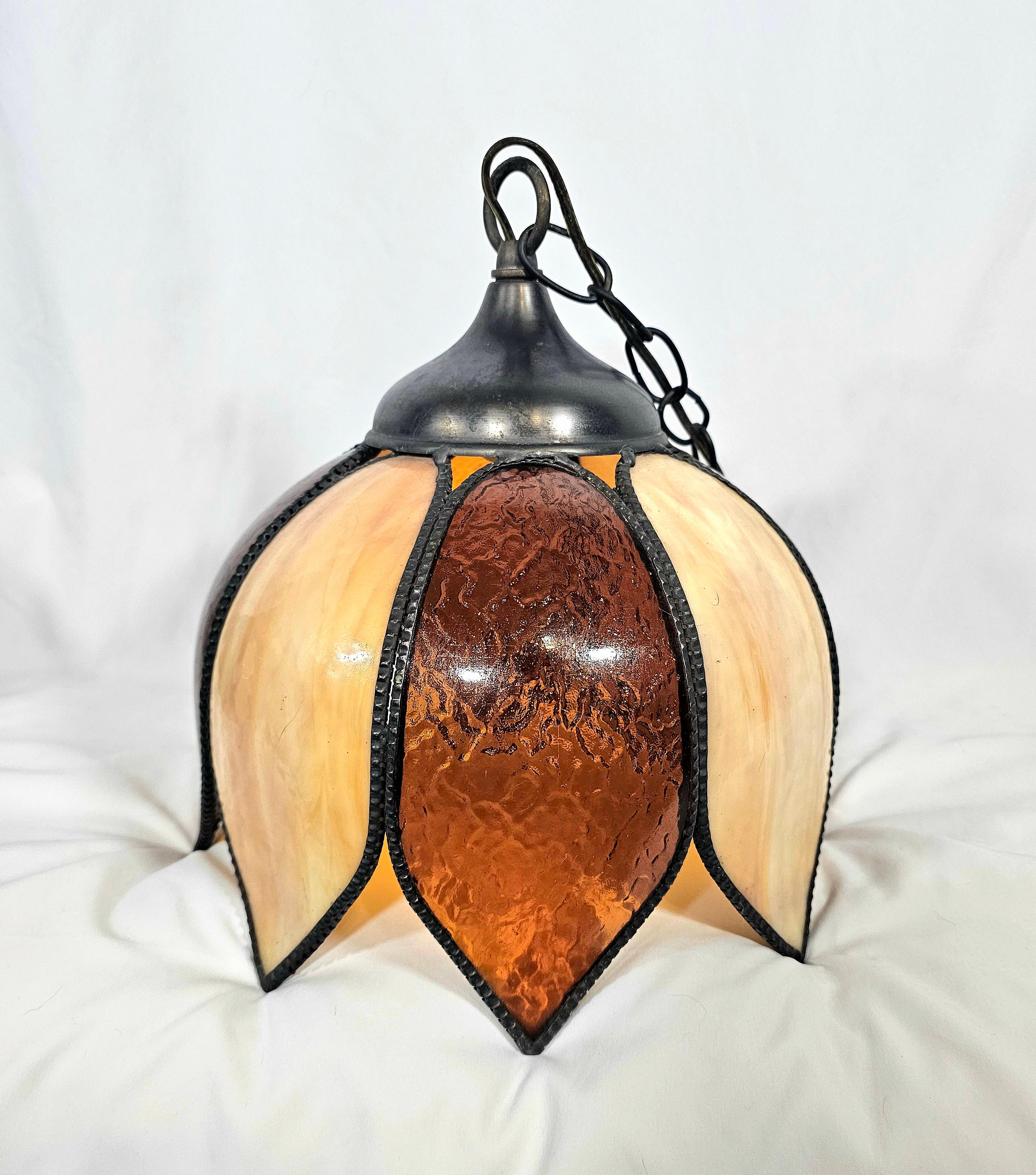 Mid Century Amber Two Tone Slag Glass Tulip Pendant Light For Sale 8