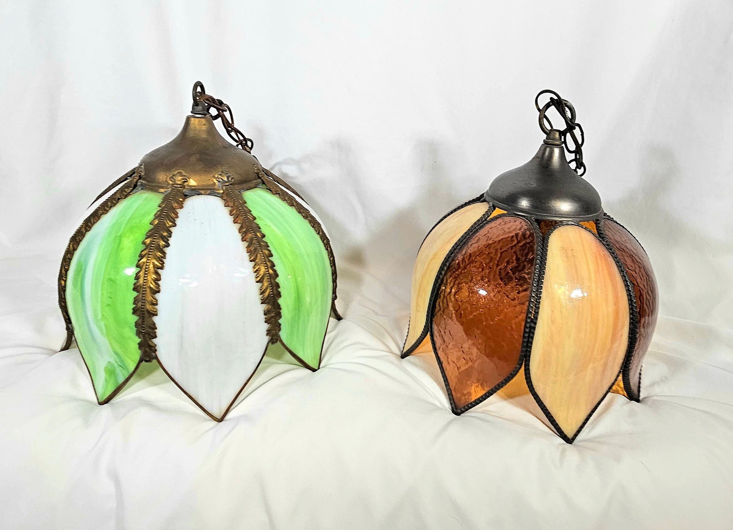 Mid Century Amber Two Tone Slag Glass Tulip Pendant Light For Sale 9