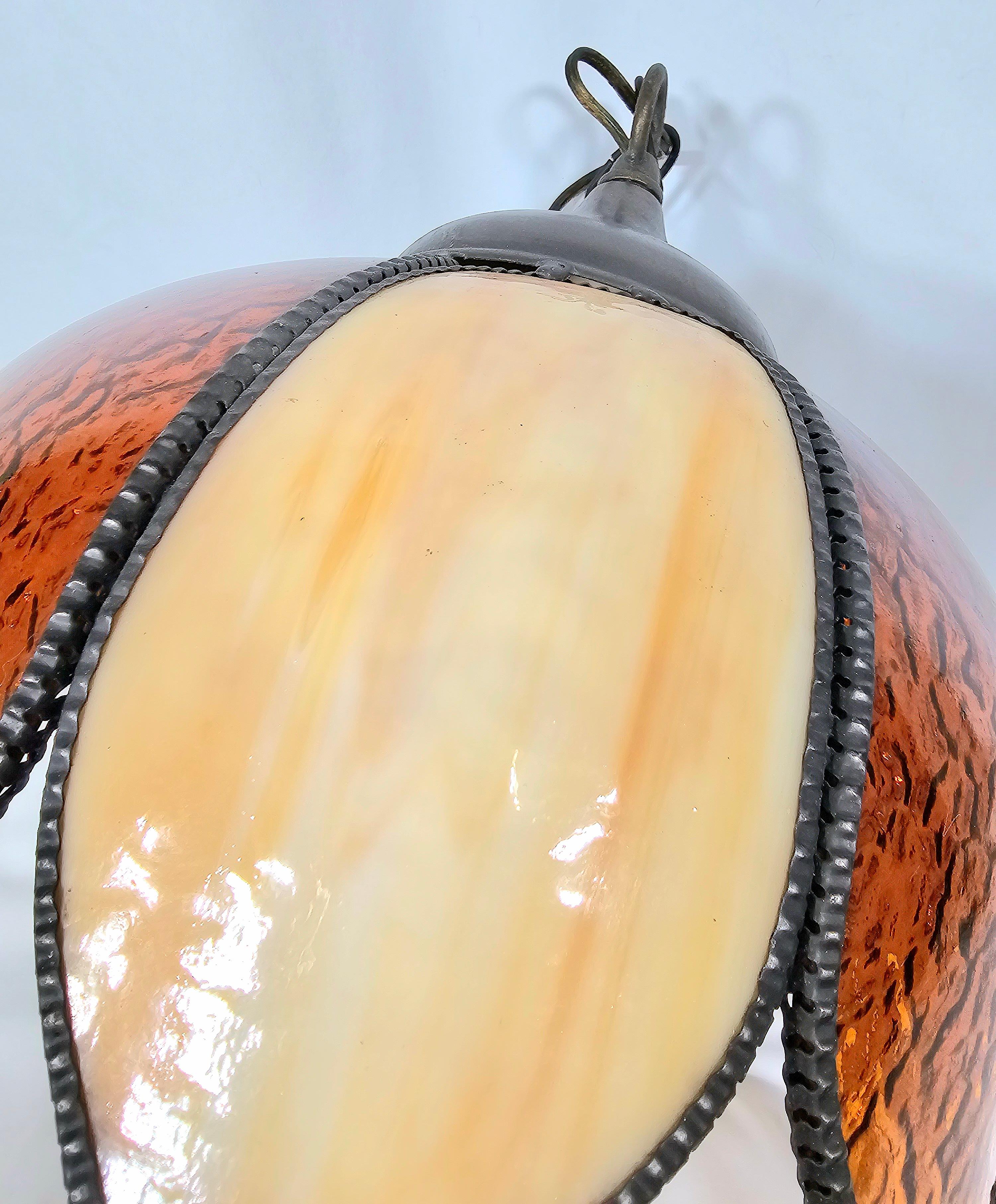 Mid Century Amber Two Tone Slag Glass Tulip Pendant Light For Sale 1