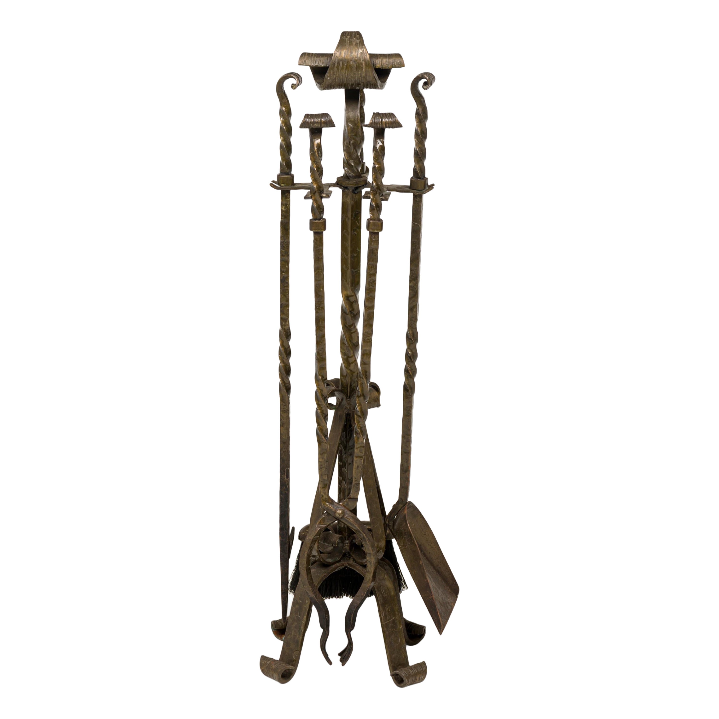 Mid-Century American 4-Piece Twisted Design Wrought Bronze Fire Tool Set For Sale